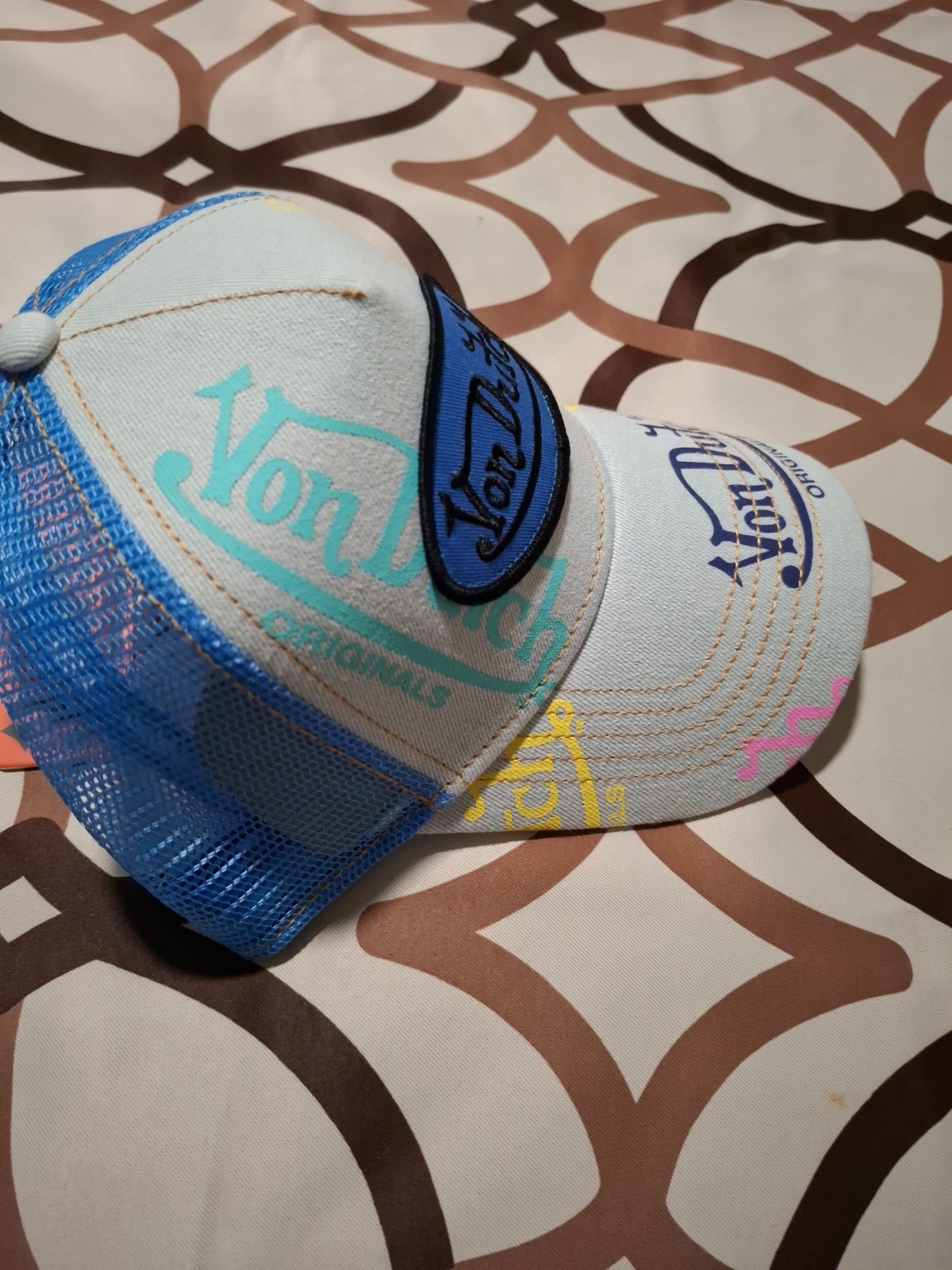 VON DUTCH BLUE & BEIGE TRUCKER HAT MESH BACK ADJUSTABLE LOGO ONE SIZE