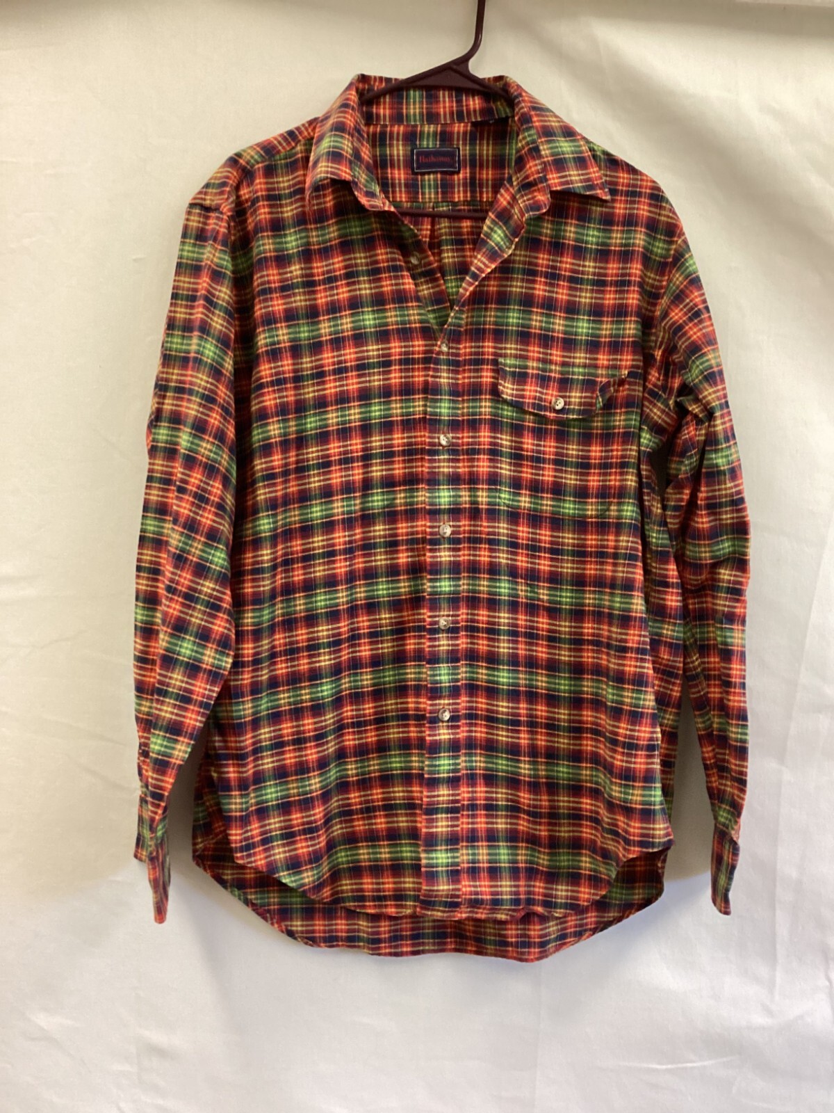 Hathaway red green yellow Plaid Long sleeve button Collar cotton shirt Mens sz L