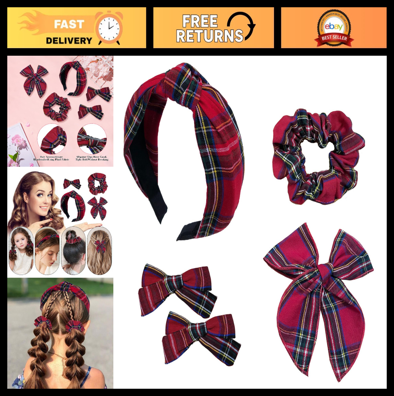 5 Pcs Plaid Headbands & Knotted Scrunchies Set, Holiday Hair Accessories for Wom