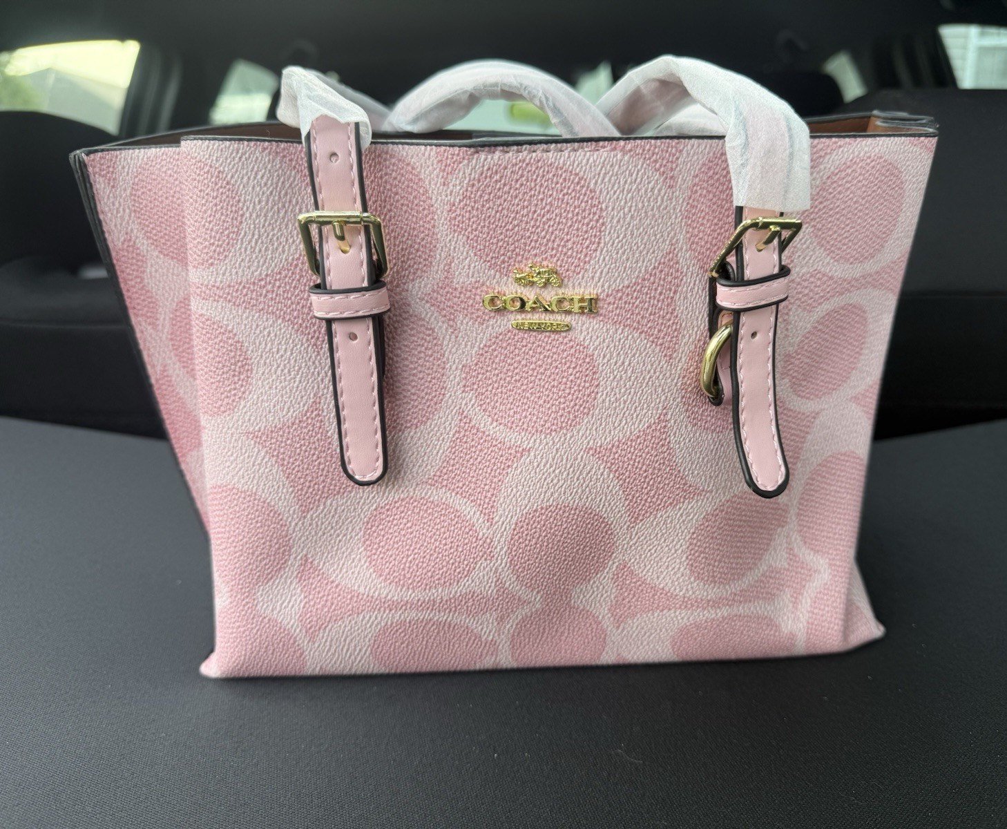 Coach Pink Signature Logo Small Tote Gold Hardware Buckle Straps Pouch