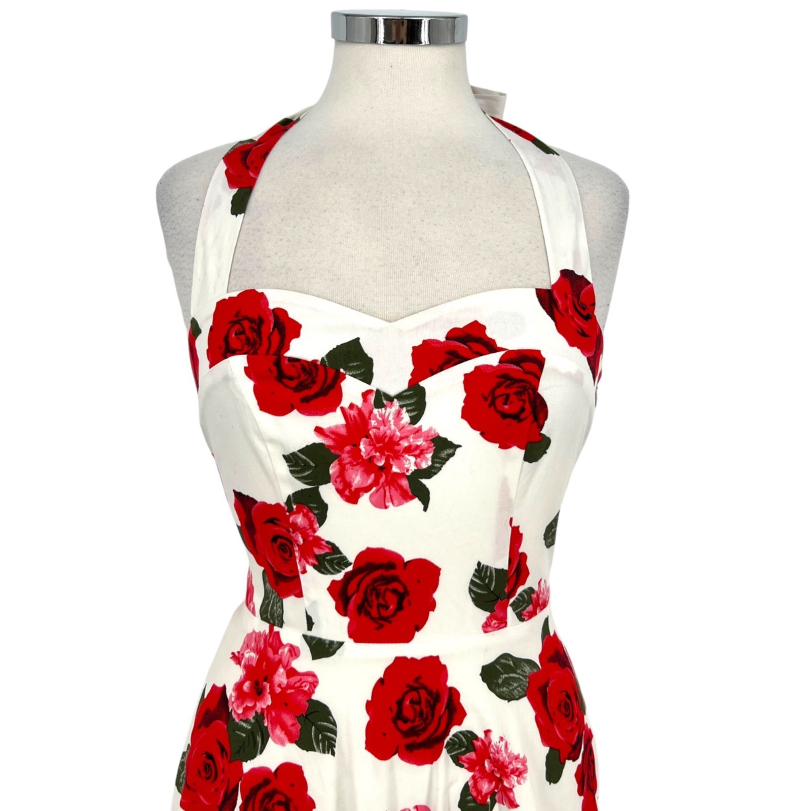 Top Dress Pin-up Retro 50s Rose Halter Swing Dress White Red Size Small