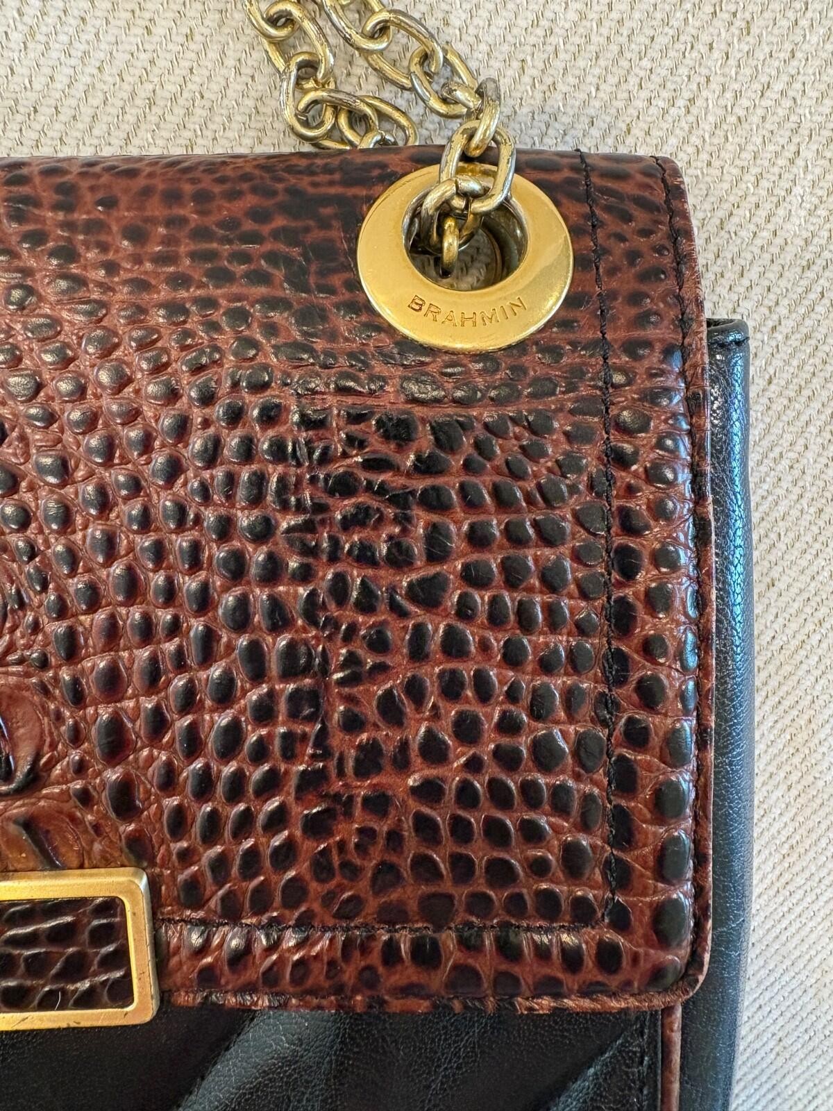 Brahmin Harrison Mixed-Media Shoulder Bag – Pecan Melbourne Croc-Embossed Leathe