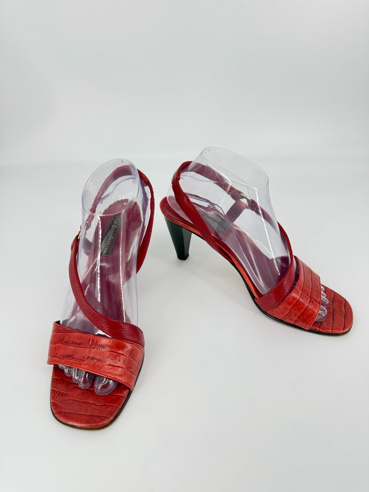 Brighton Rhodes Red Leather Heels Womens 9M Made In Italy Croc Emboss Slingback