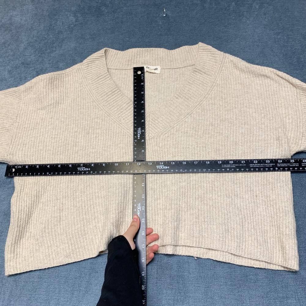 Open Edit Cropped Sweater Womens Large Beige Tight Knit Cotton V Neck Streetwear