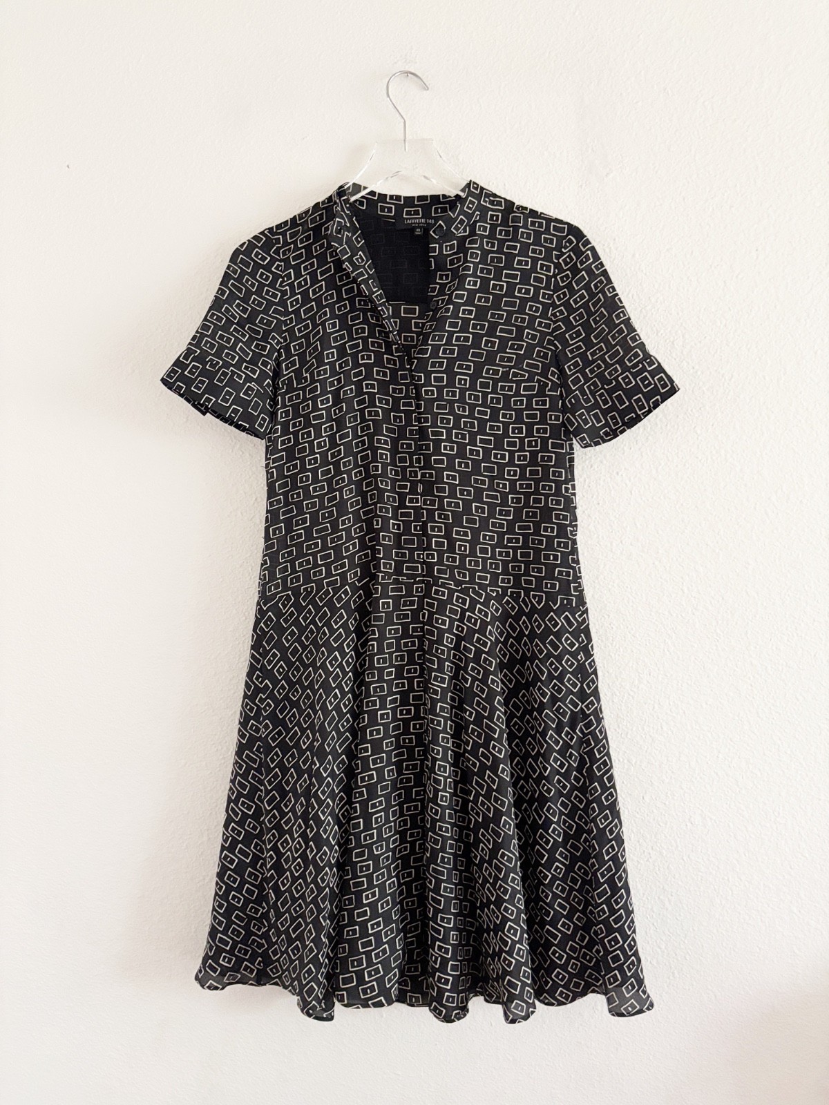 Lafayette 148 New York Black Geomatric Fit & Flare V Neck Belted Dress