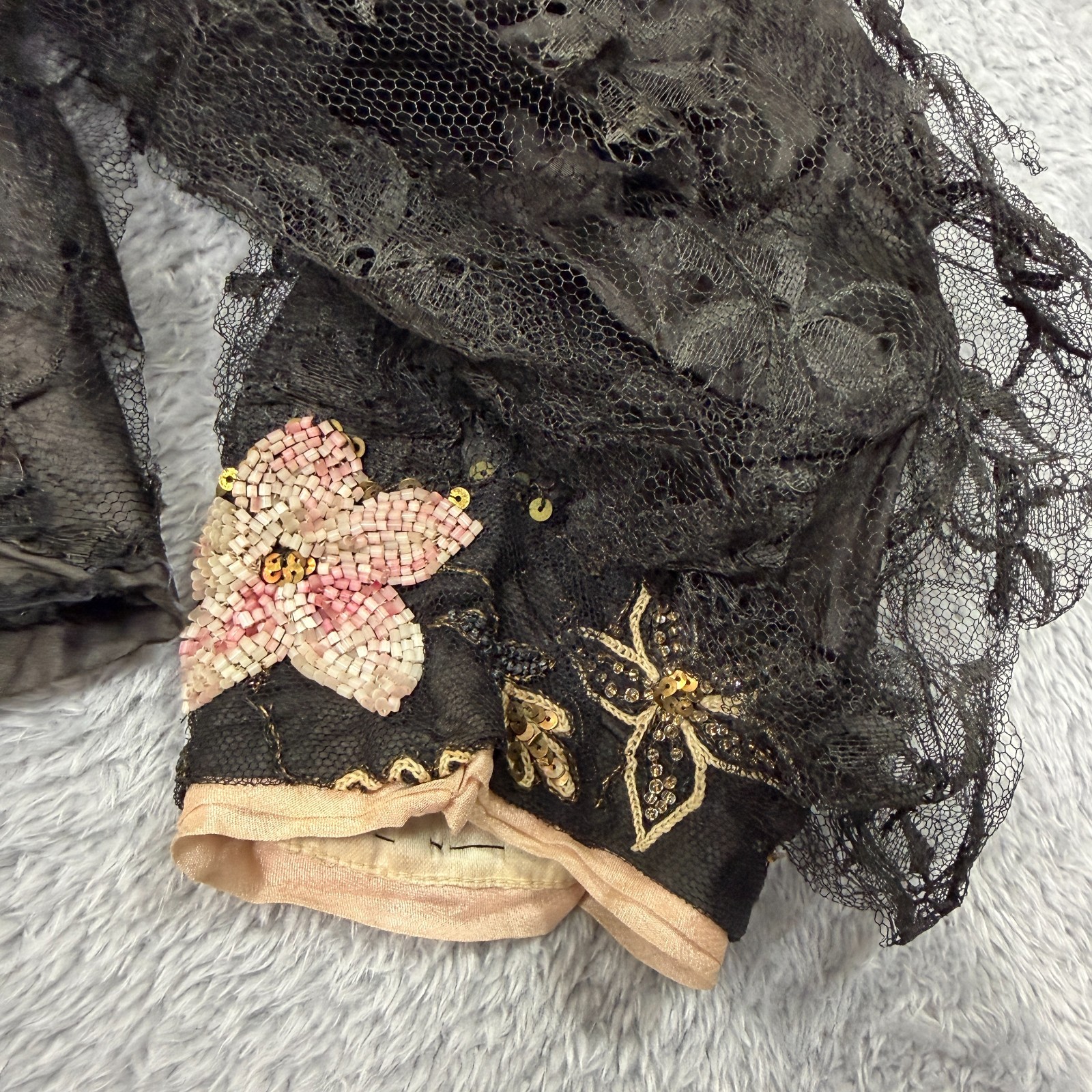 Antique Edwardian Jacket Black Pink Floral Beaded Silk Victorian Early 1900s