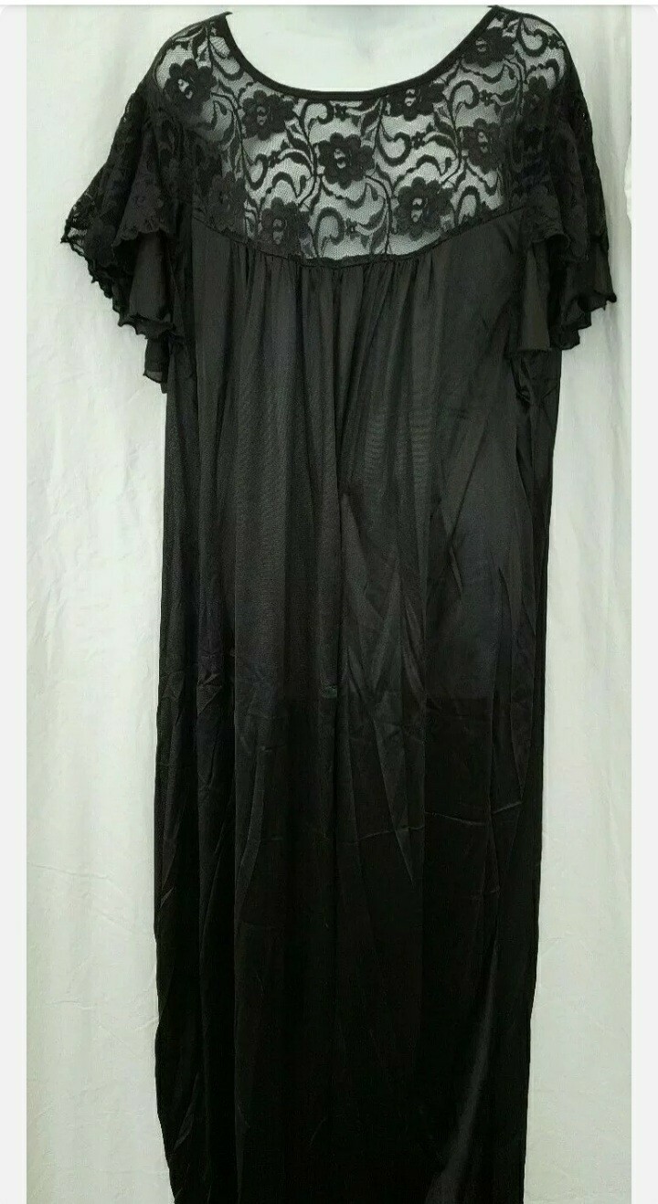Vintage Style Black Nightgown Lace Short Sleeve Long Plus 1X 52″ Bust