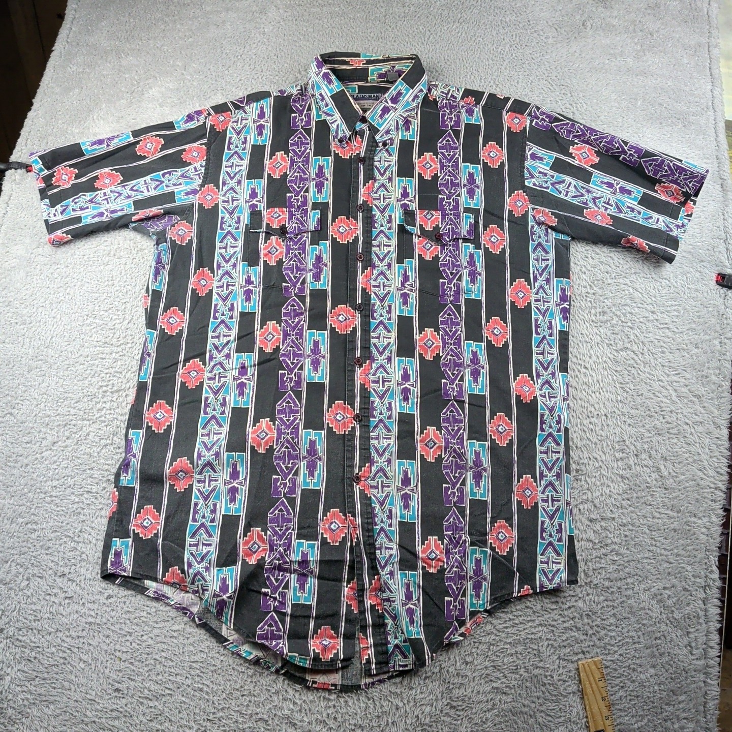 Vintage Plainsman Shirt Mens Tall 2XLT Black Multicolor Aztec Button Down Cotton
