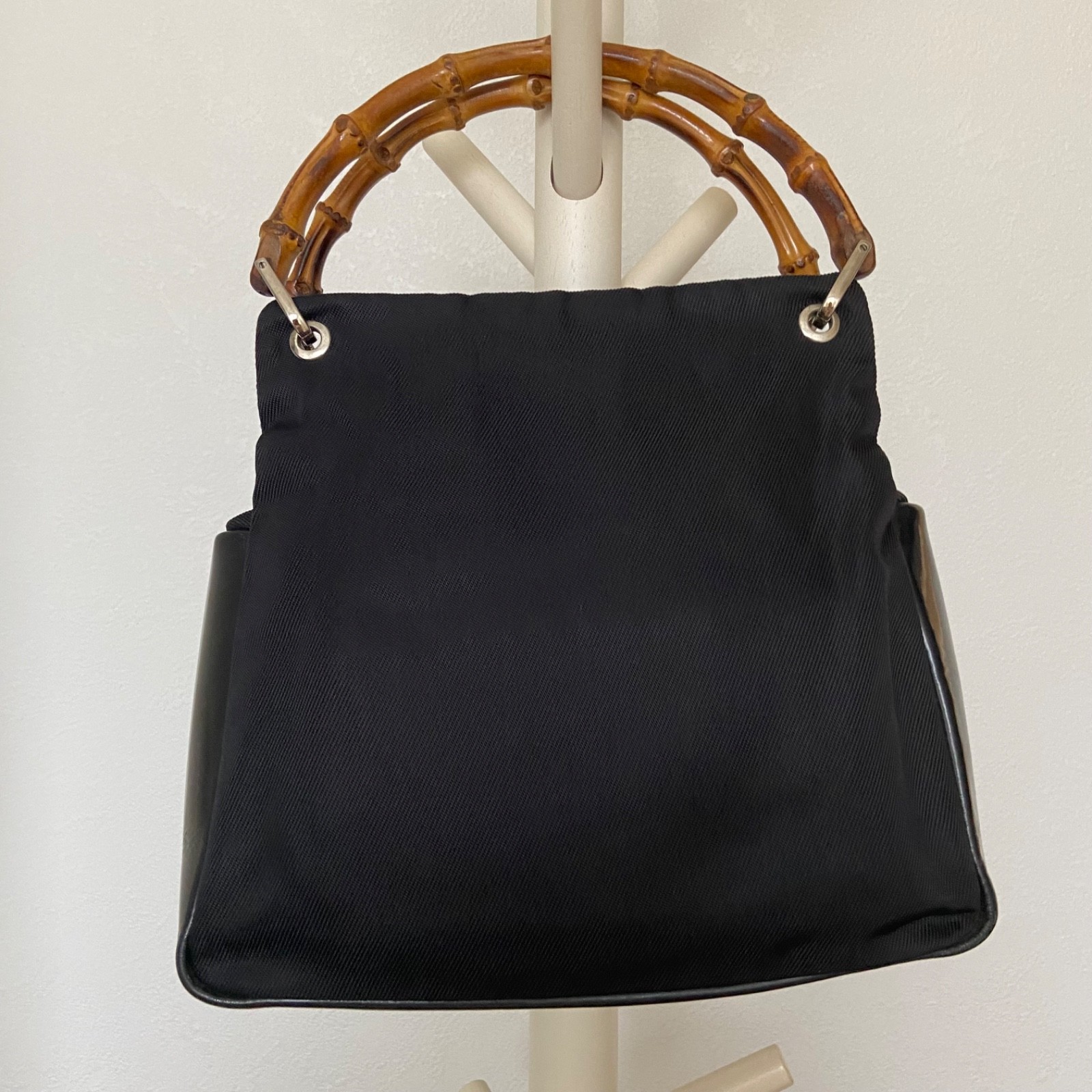 Authentic GUCCI Bamboo Shoulder Tote Bag Nylon Leather Black AB249