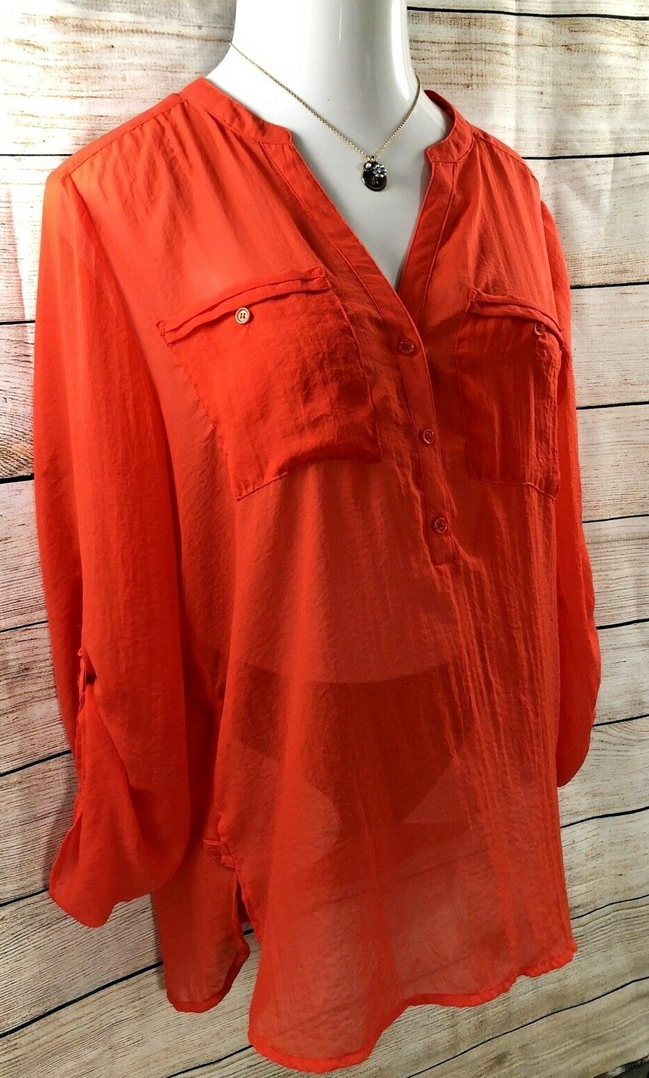 NUE OPTIONS Coral Red Sheer V Neck Button Front Fashion Top Size XL NWT$44