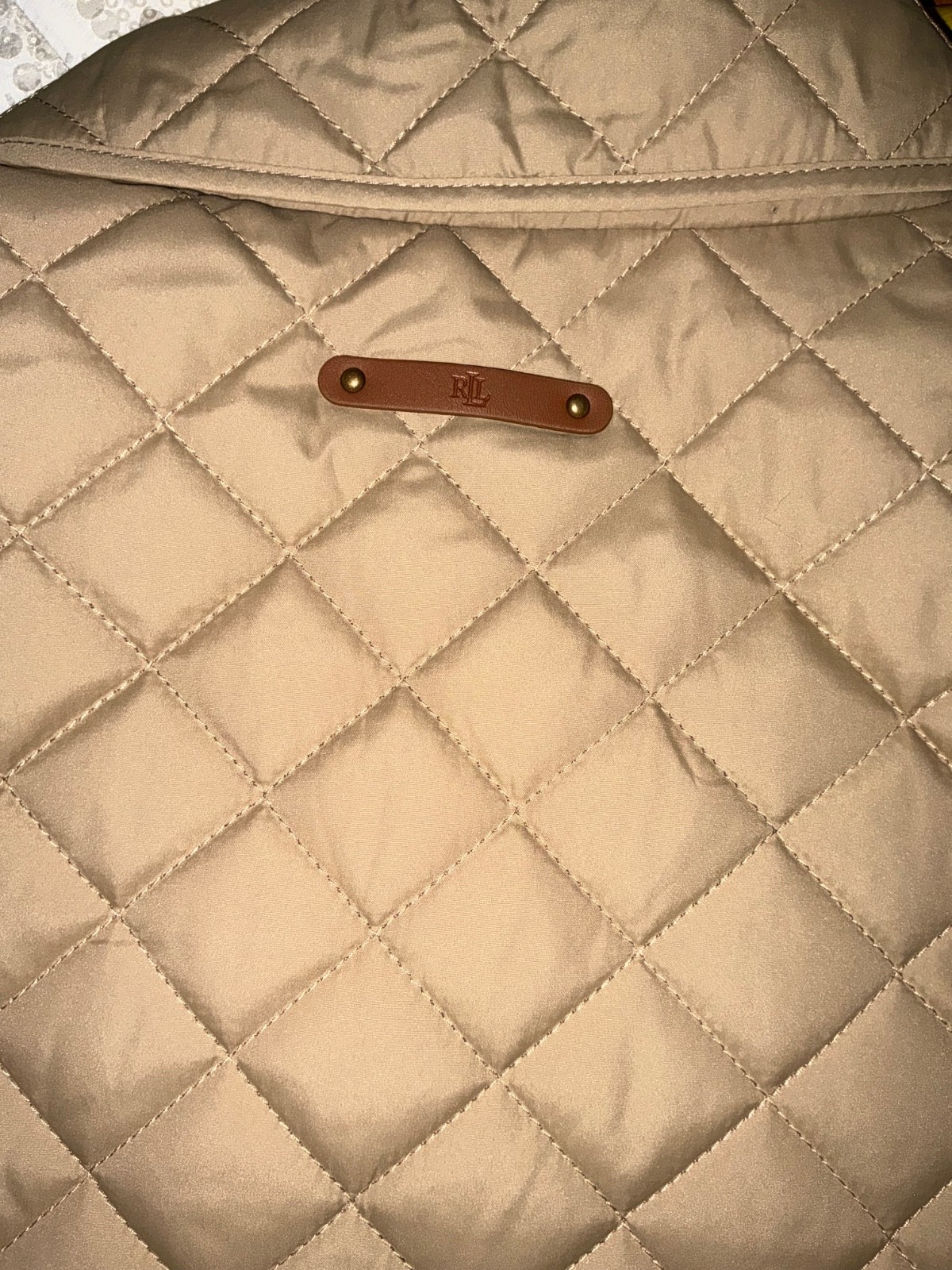 Lauren Ralph Lauren Crest Patch Quilted Jacket Birch Tan Beige Sz M wmns NWT