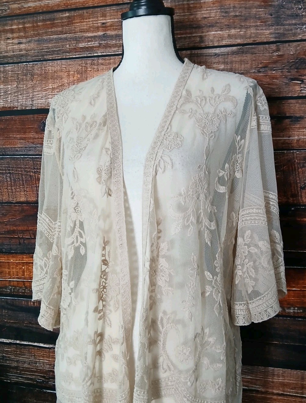Miss Chievous S M Sheer Embroidered Lace Mesh Kimono Cardigan Top Doeskin NWT