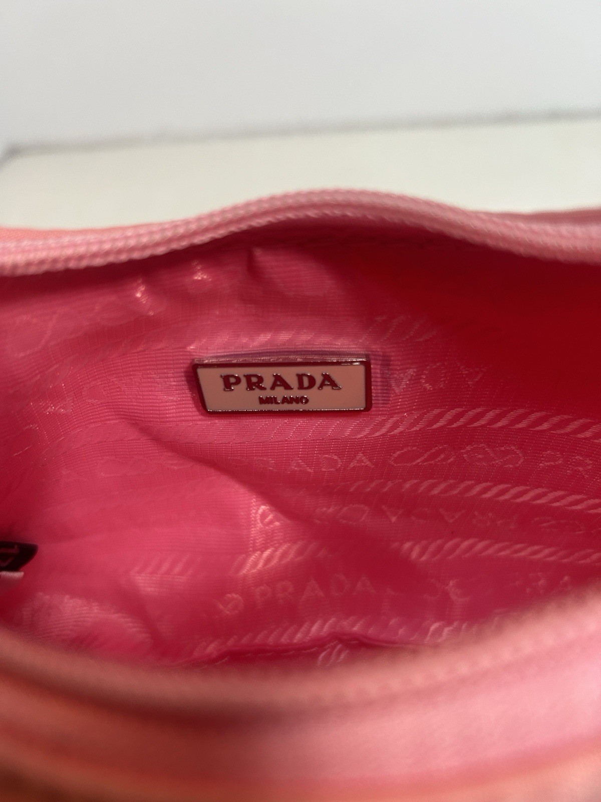 PRADA Pink Shoulder Bag with Logo Plaque Zip Closure Silver Hardware Charm