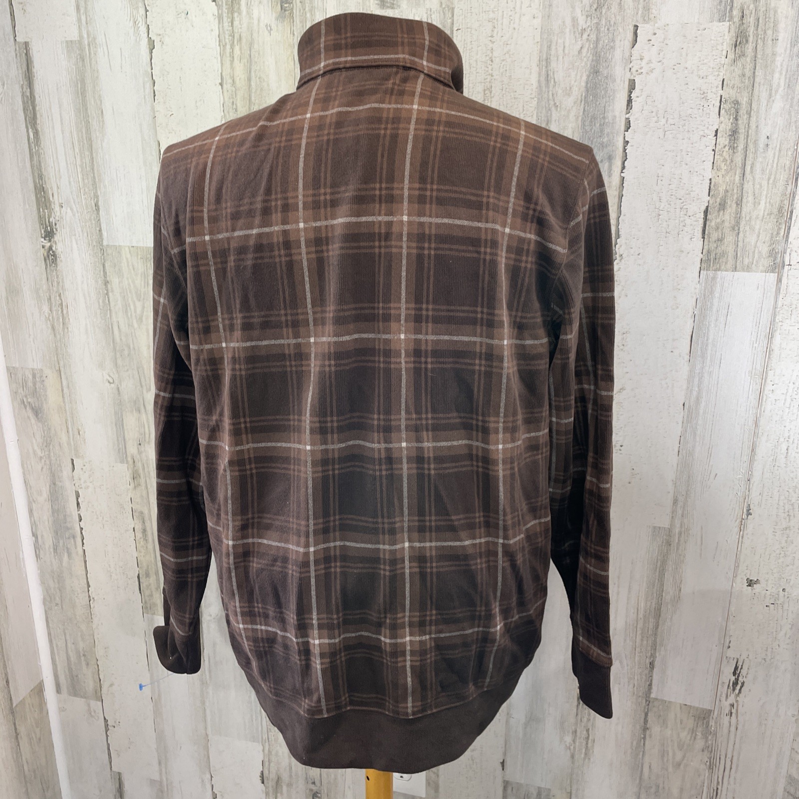 Lands’ End Brown Plaid 1/4 Zip Pullover Men’s Size Large 100% Cotton Mock Collar