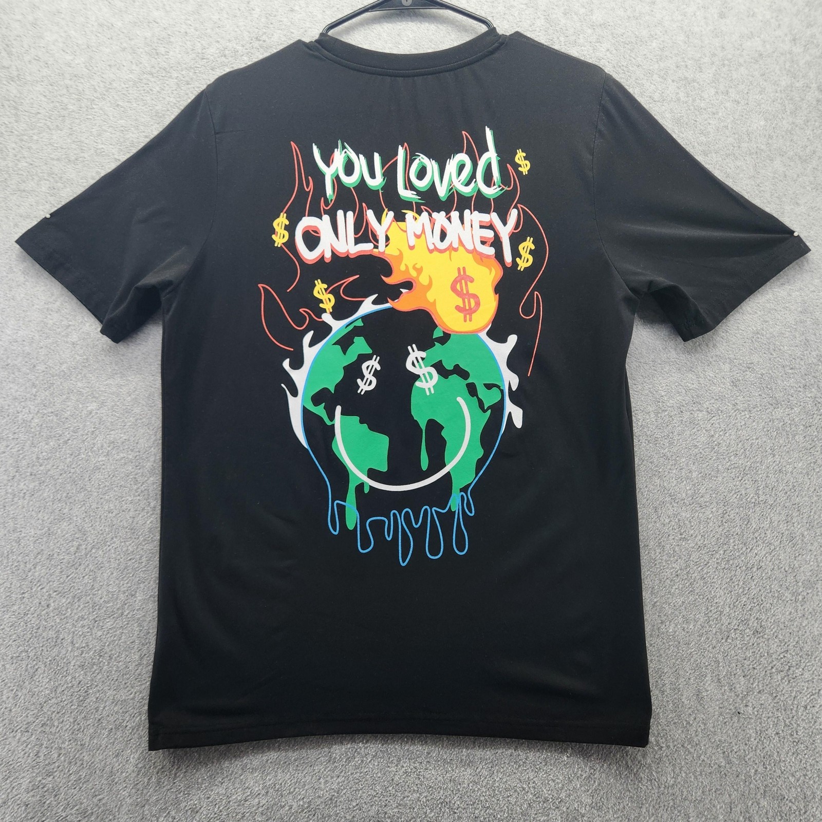 SHEIN Shirt Mens Small Black Graphic Money Repeat Smile Flame Earth Tee