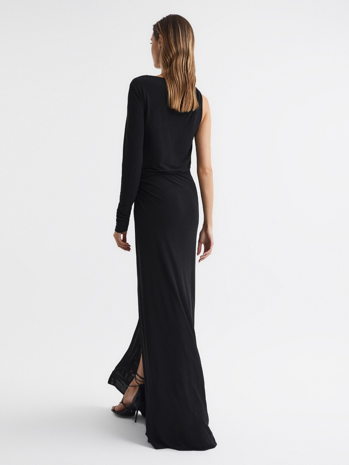 Long Sleeved One Shoulder Prom Ball Gown with Front Slit Ruched Evening Dress