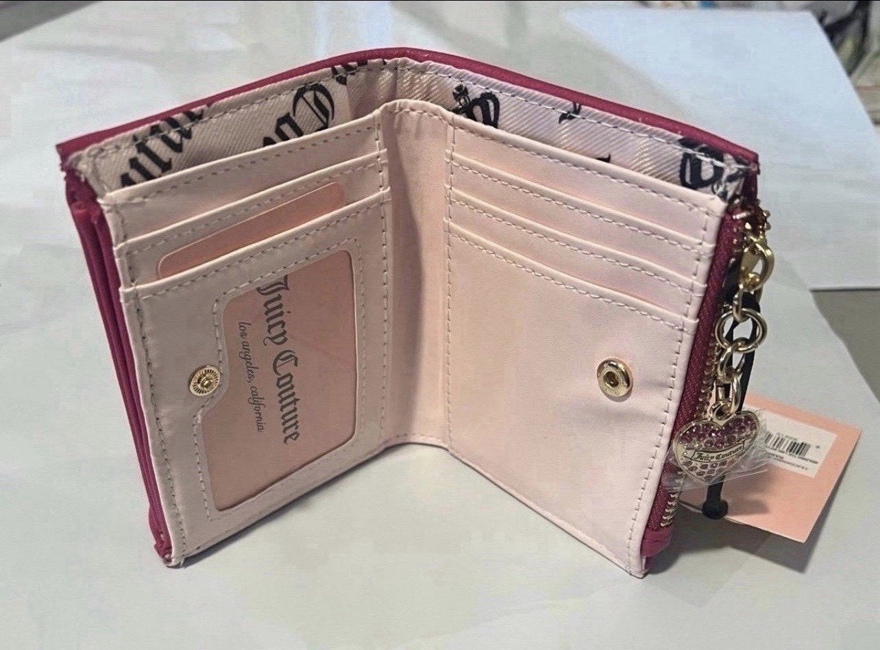 Juicy Couture Pink Quilted Studded Logo Folding Wallet, Credit Card