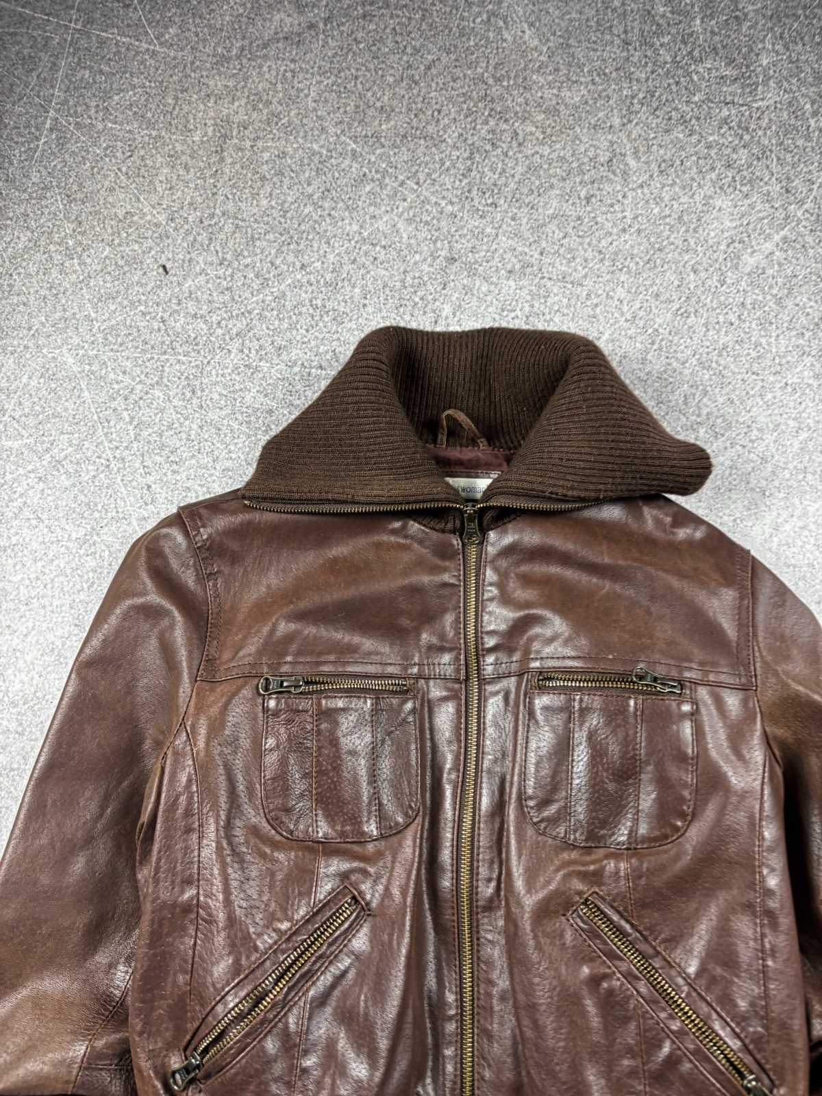 Vintage Brown Leather Bomber Jacket Cropped Aviator Pilot Y2K Genuine Leather
