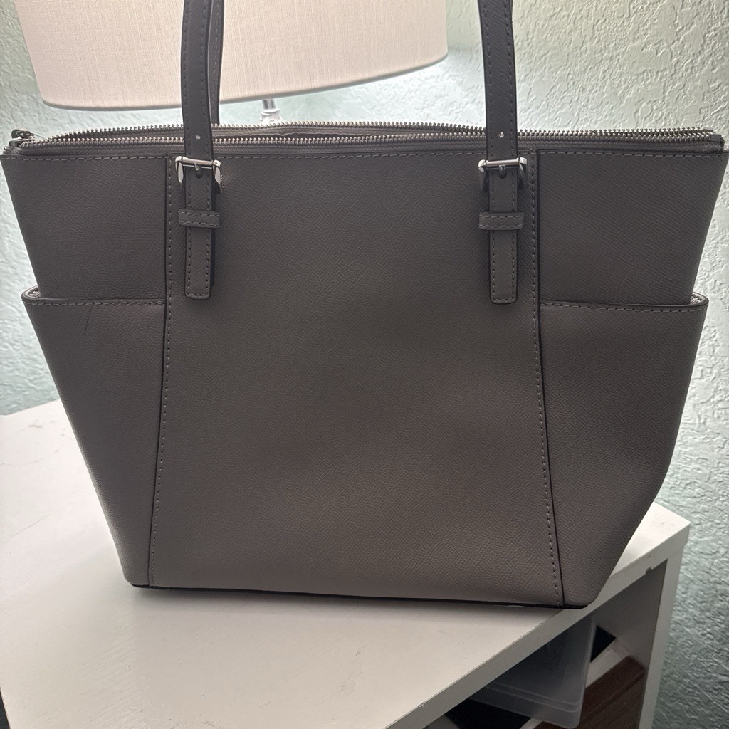 Michael Kors Gray Medium Tote Zip-Top, Inner Pockets, Logo, MK Charm, Silver