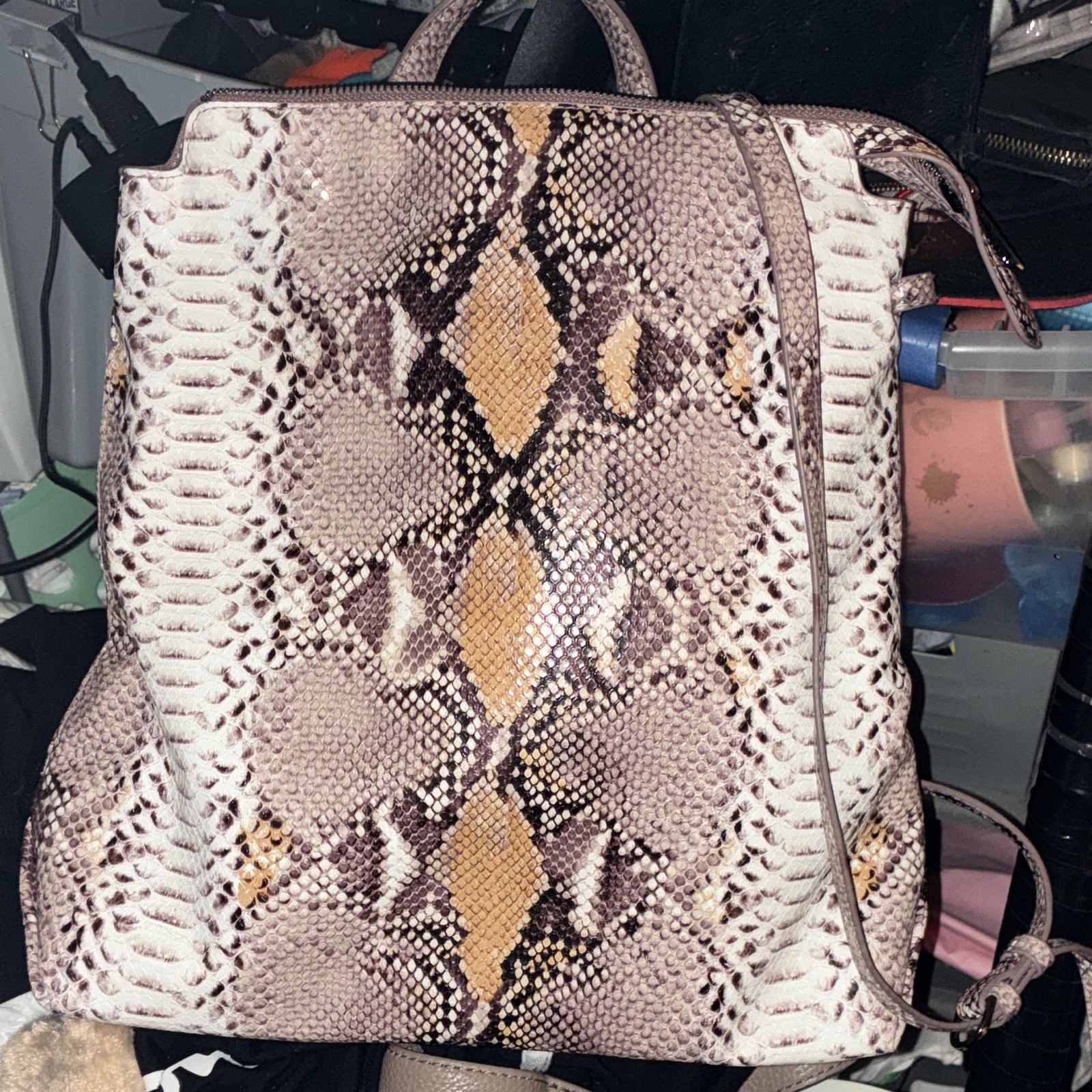 A New Day Snake Print Backpack Beige Brown Black Zip Silver Hardware Pockets