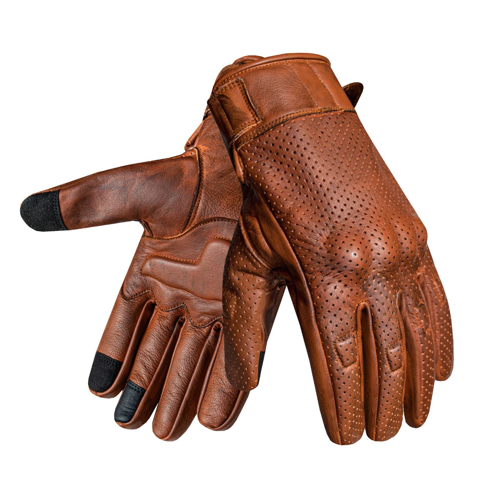 Perforated Brown Full Finger Leather Motorbike Riding Knuckle Protection Gloves
