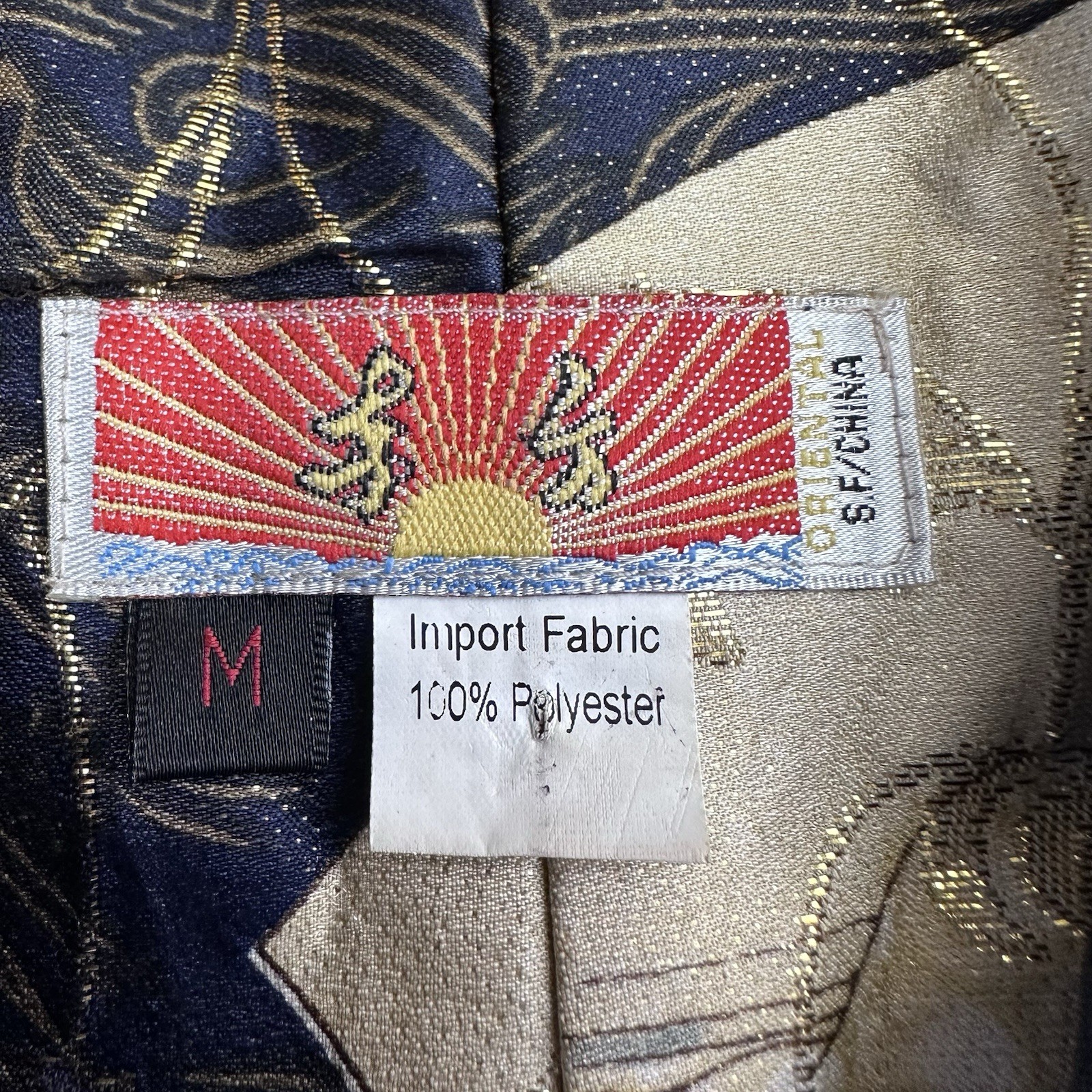 Vintage Chinese Mandarin Collar Oriental Jacket Top Gold Black Calligraphy M