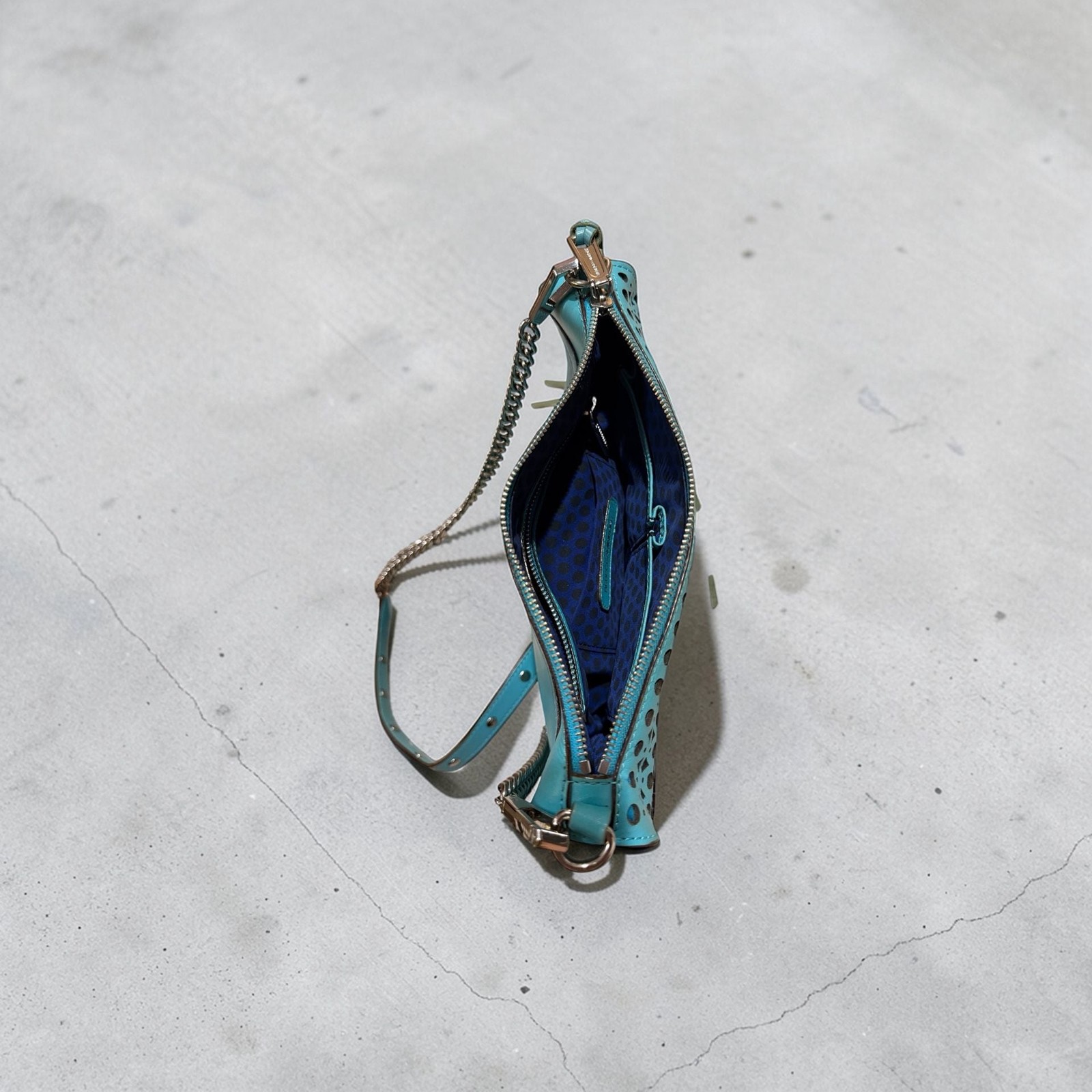 Rebecca Minkoff Perforated MAC Crossbody Bag Teal Blue Leather Chain Strap