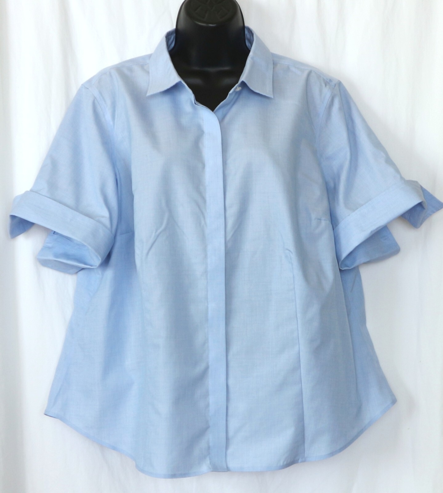 TALBOTS WOMAN PETITE Blue Shrt Slv French Cuff Blse NO CUFF LINKS Sz 16WPet EXC