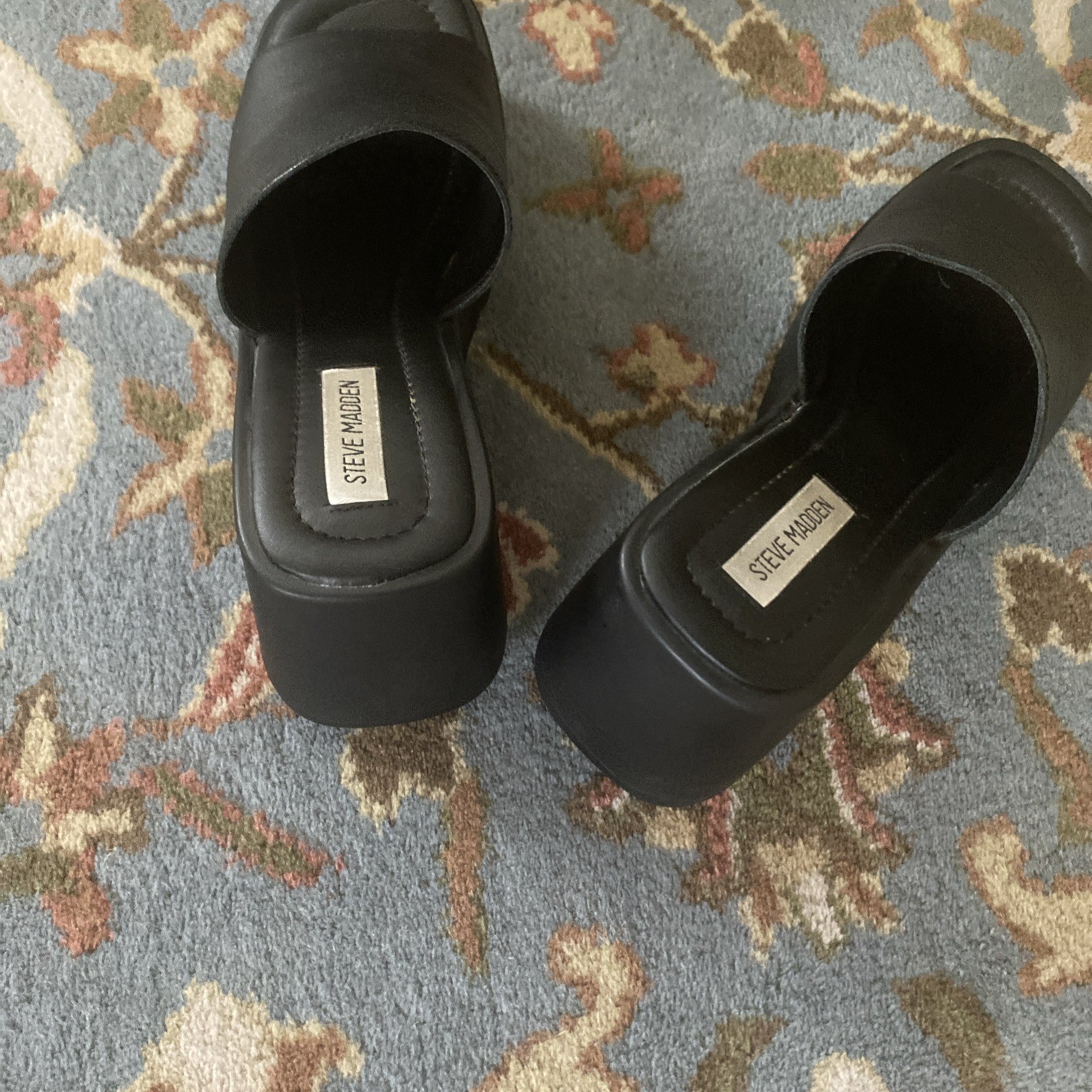 Steve Madden Black Leather Platform Wedge Slide Sandals Womens Size 9
