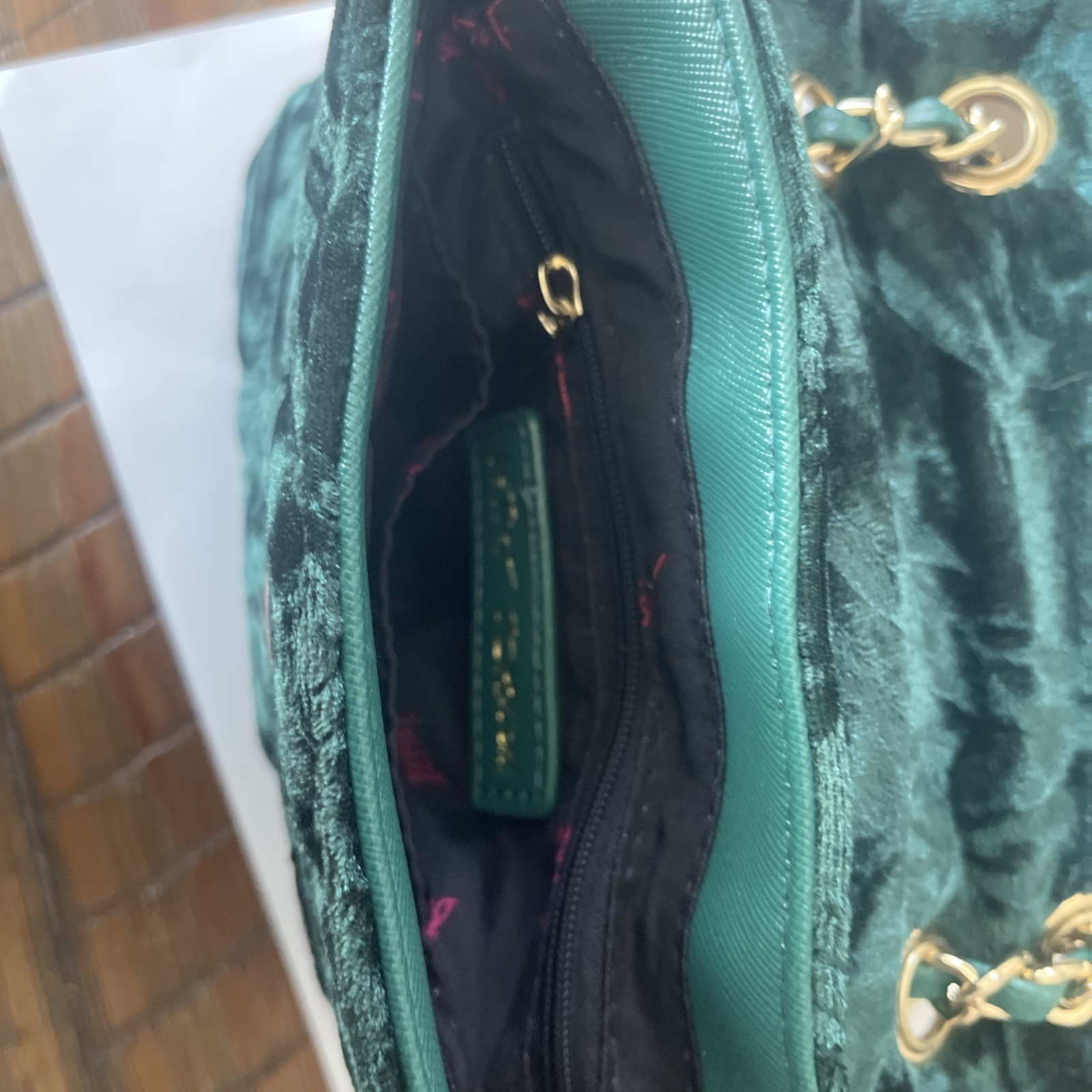 Betsey Johnson Small Purse/ Crossbody Green Velvet Quilted Chain Strap