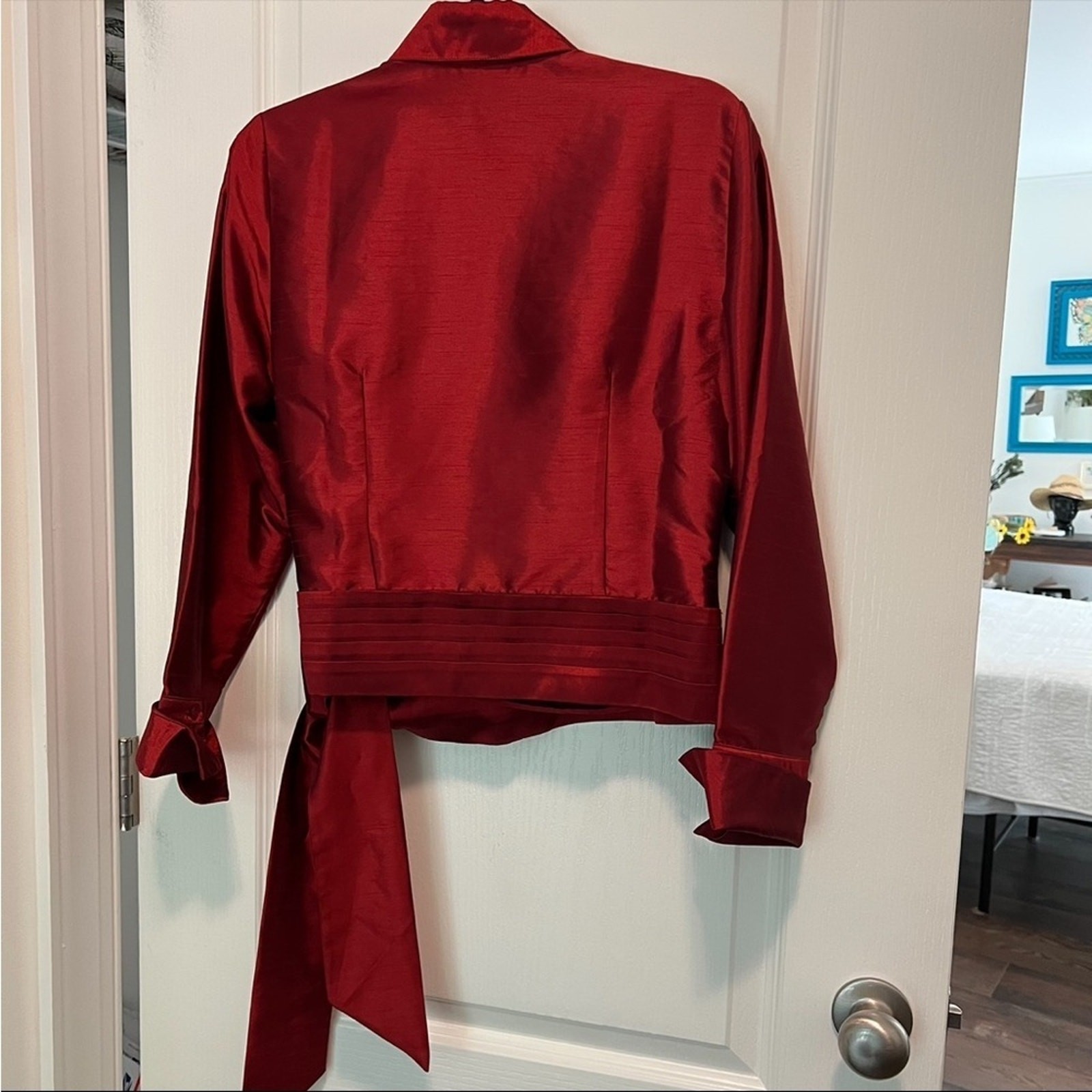 Coldwater creek faux silk deep red wrap top size small red the color
