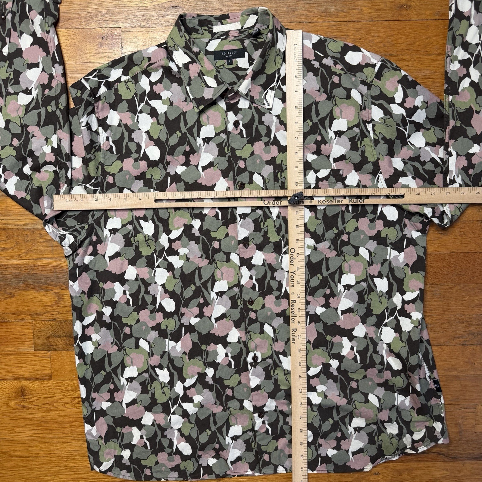 Ted Baker Men Button Up Shirt Size 7 3XL Cotton Floral Green Brown Pink Shirt