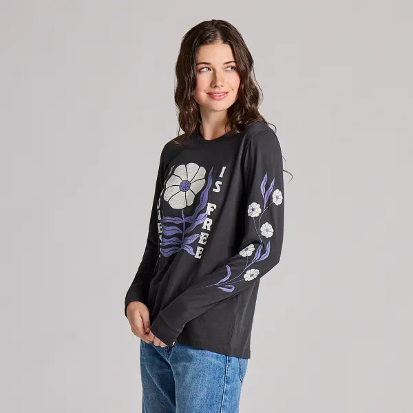 Life is Good Women’s Kindness is Free Woodblock Flower Long Sleeve Crusher Tee