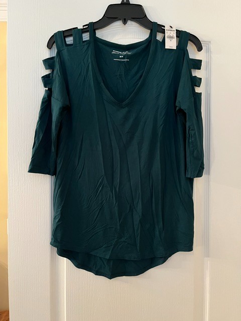 NWT Express One Eleven London Tee – Teal Strap‑Detail Top – XS