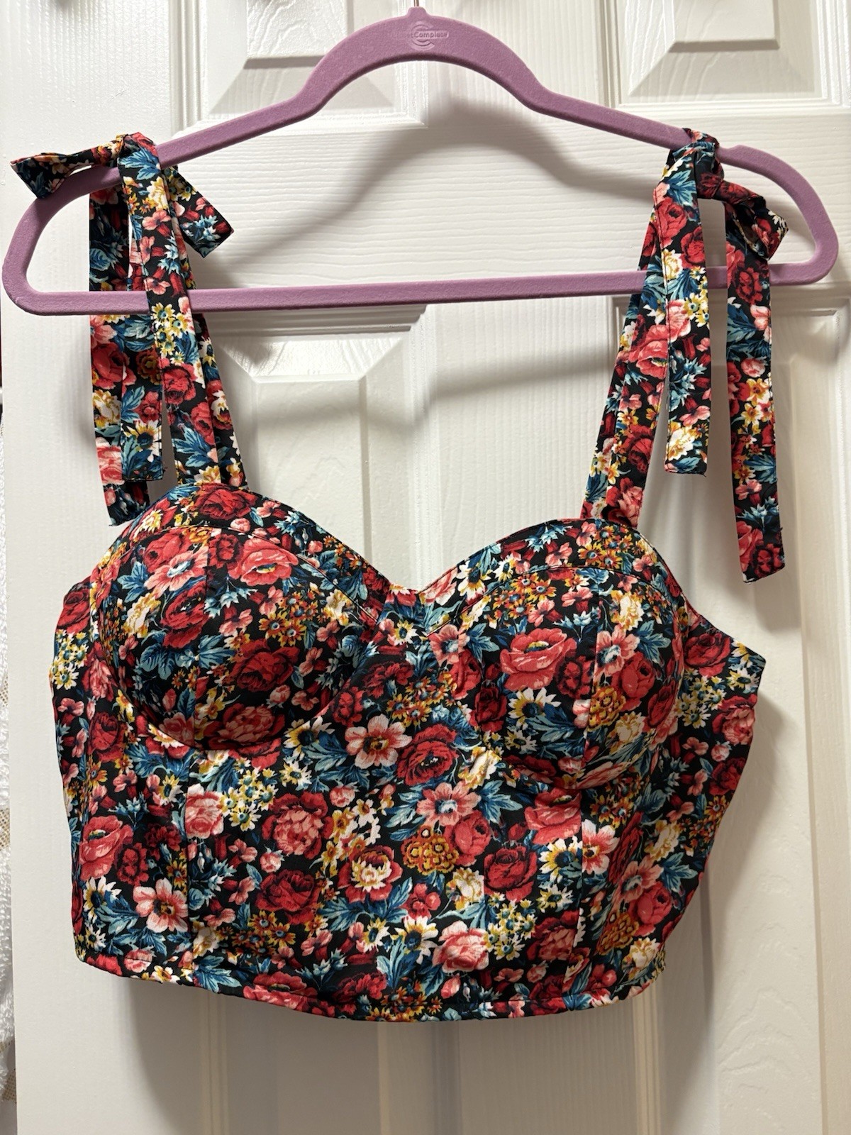 NWT B.O.G. Collective Floral Bustier Crop Top Smocked Tie Shoulder Boho L