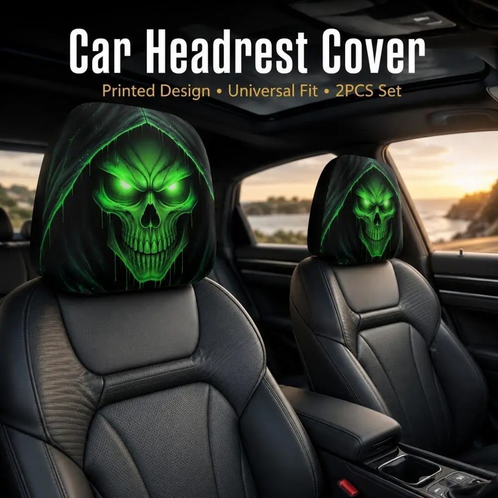 2x Green Glow Grim Reaper Skull Car Headrest Cover Hooded 2D Print Universal Fit