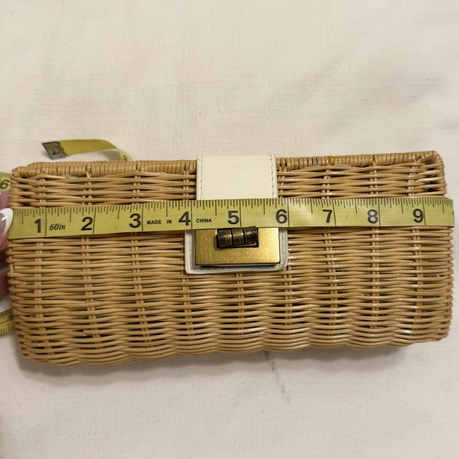 J.CREW Beige Woven Clutch Turn Lock Closure Gold Hardware Lined Inner Pockets