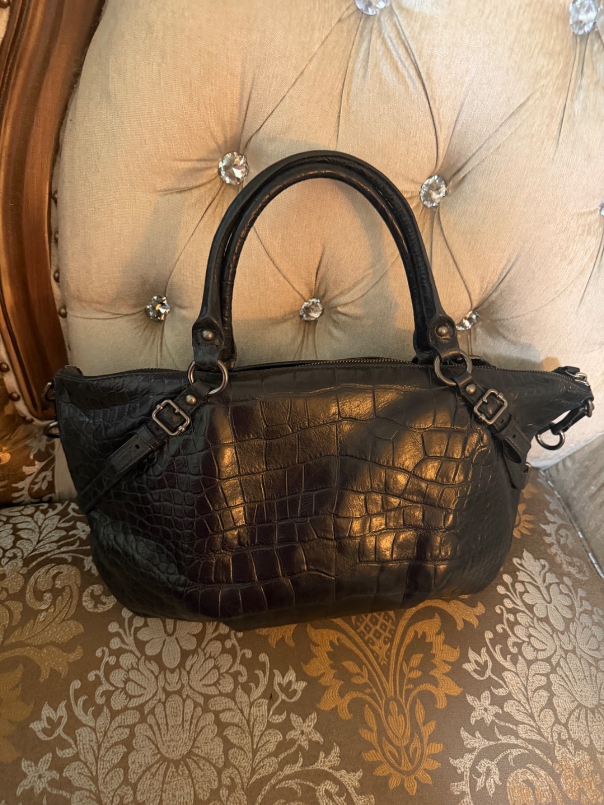 Coach Madison Sophia Croc Charcoal Leather Large Satchel Antique Black Handbag