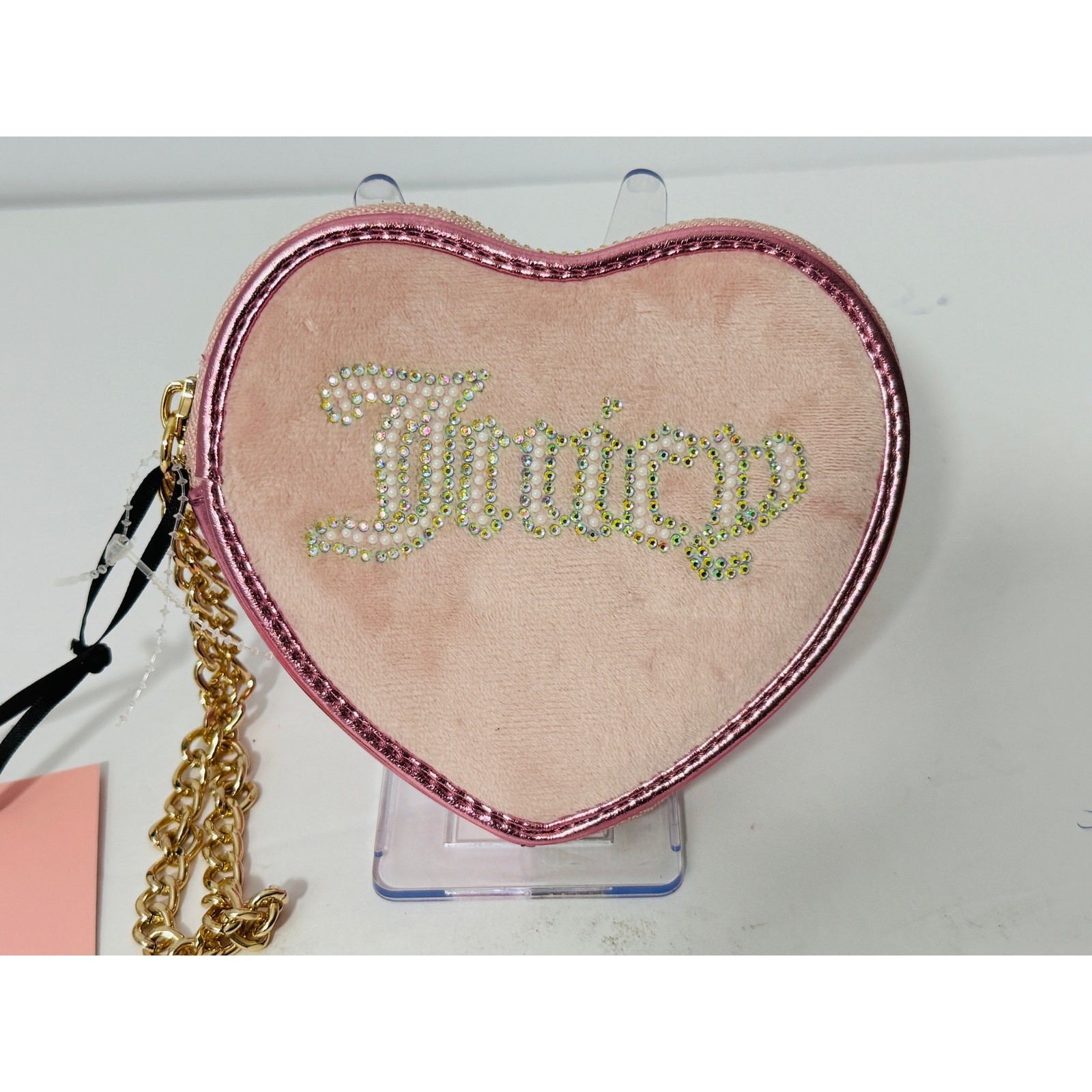 Juicy Couture Heart Shaped Wristlet Purse Pink Velvet Rhinestone Gold Chain