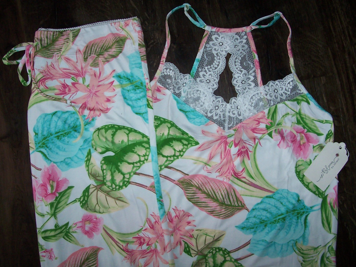 NWT In Bloom by Jonquil IVORY/GREEN/PINK/BLUE TROPICAL FLORAL Knit Pajama Set L