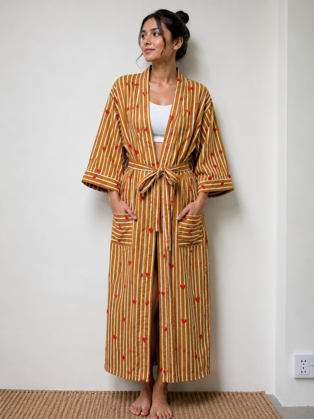 Brown Heart Print Cotton Kimono Robe Women Striped Boho Long Bathrobe Loungewear