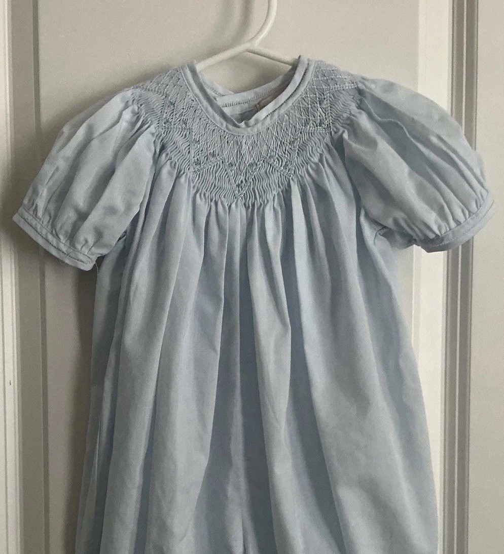 PETIT AMI-9M-Boy/Girl-Long Bubble Romper-Blue-Smock/Embroider-Short Sleeves