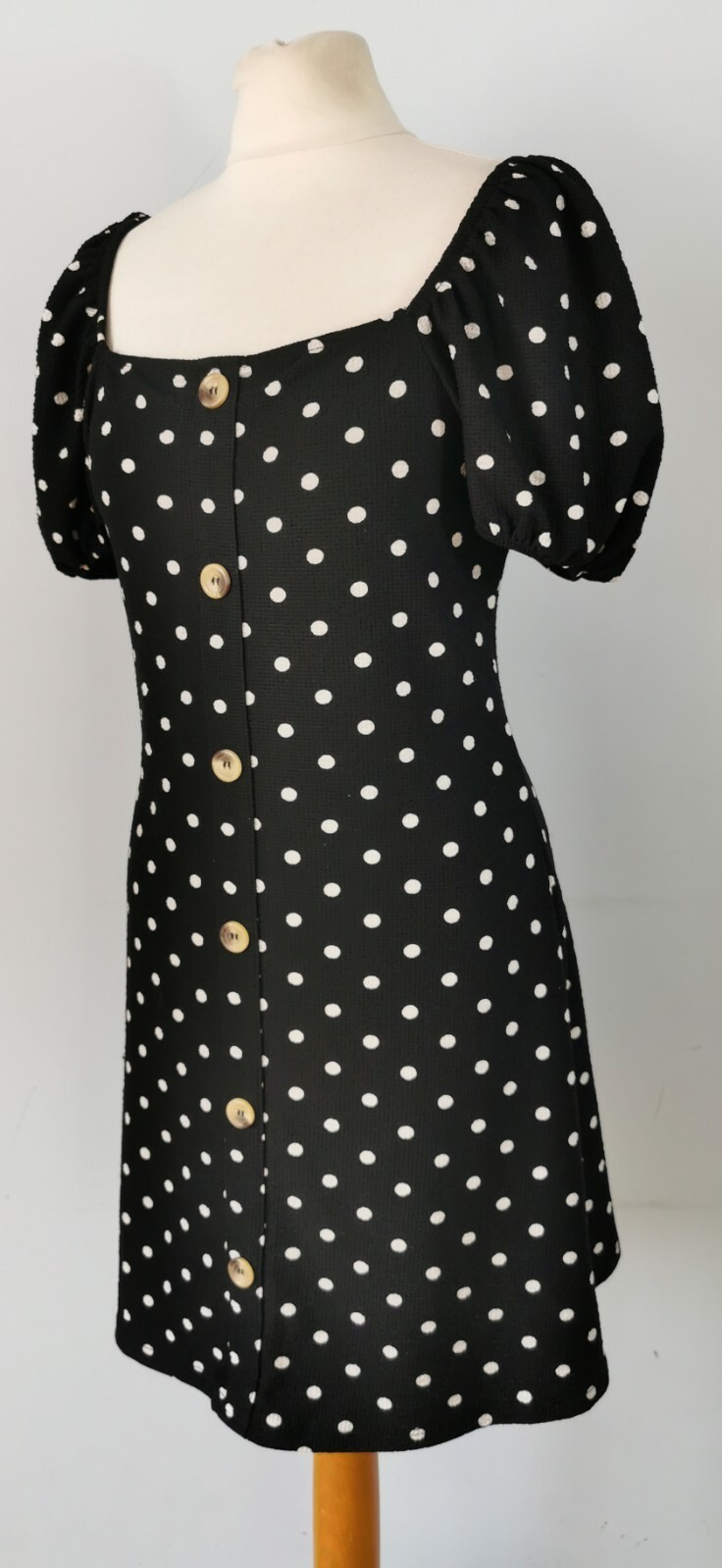 River Island Black Polka Dot Puff Sleeve Button Front Dress Size 14 Square Neck
