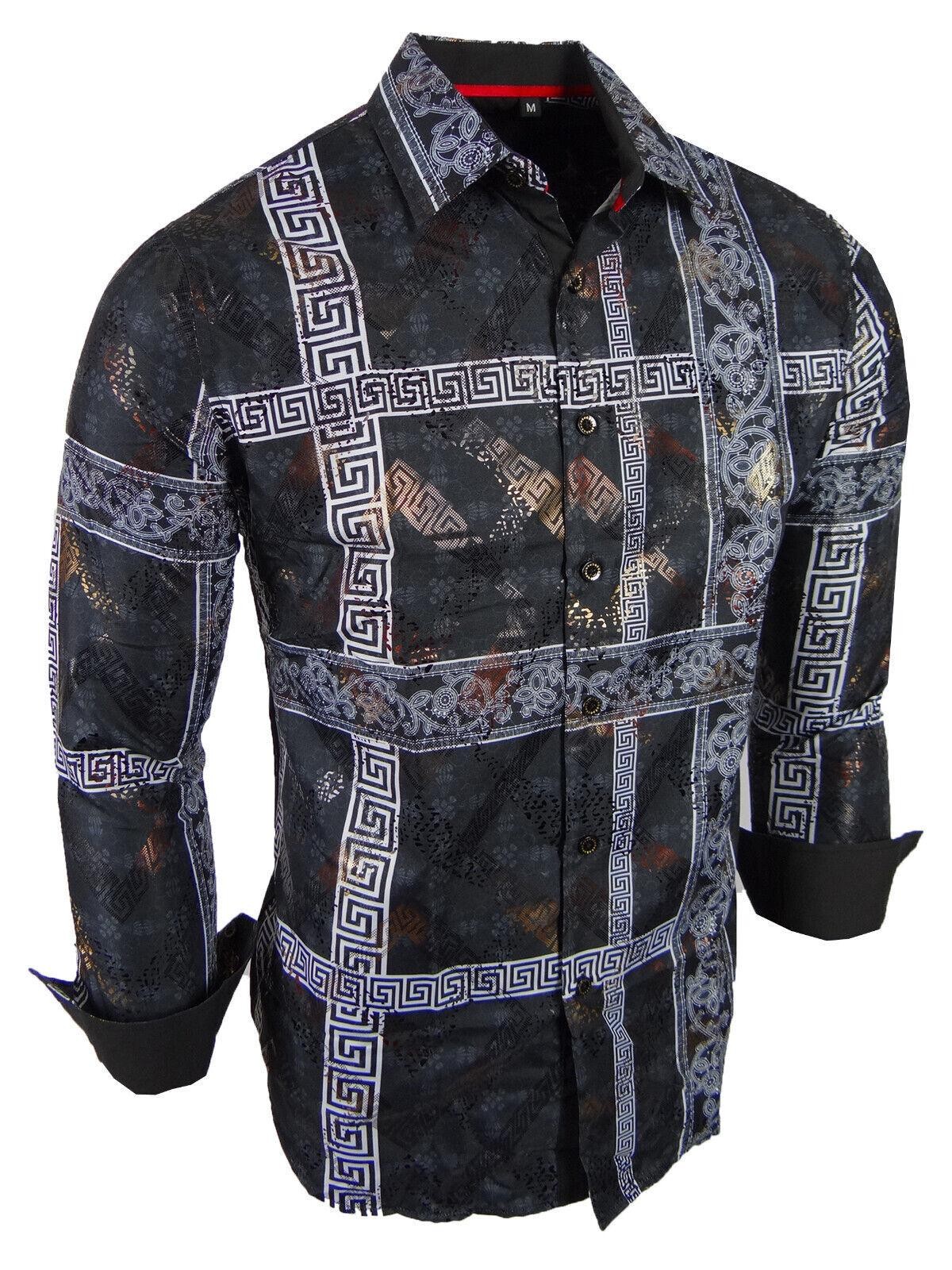Mens Shirt Italian Stripe Floral Prints Gold Overlay Stretch Slim Fit Button Up