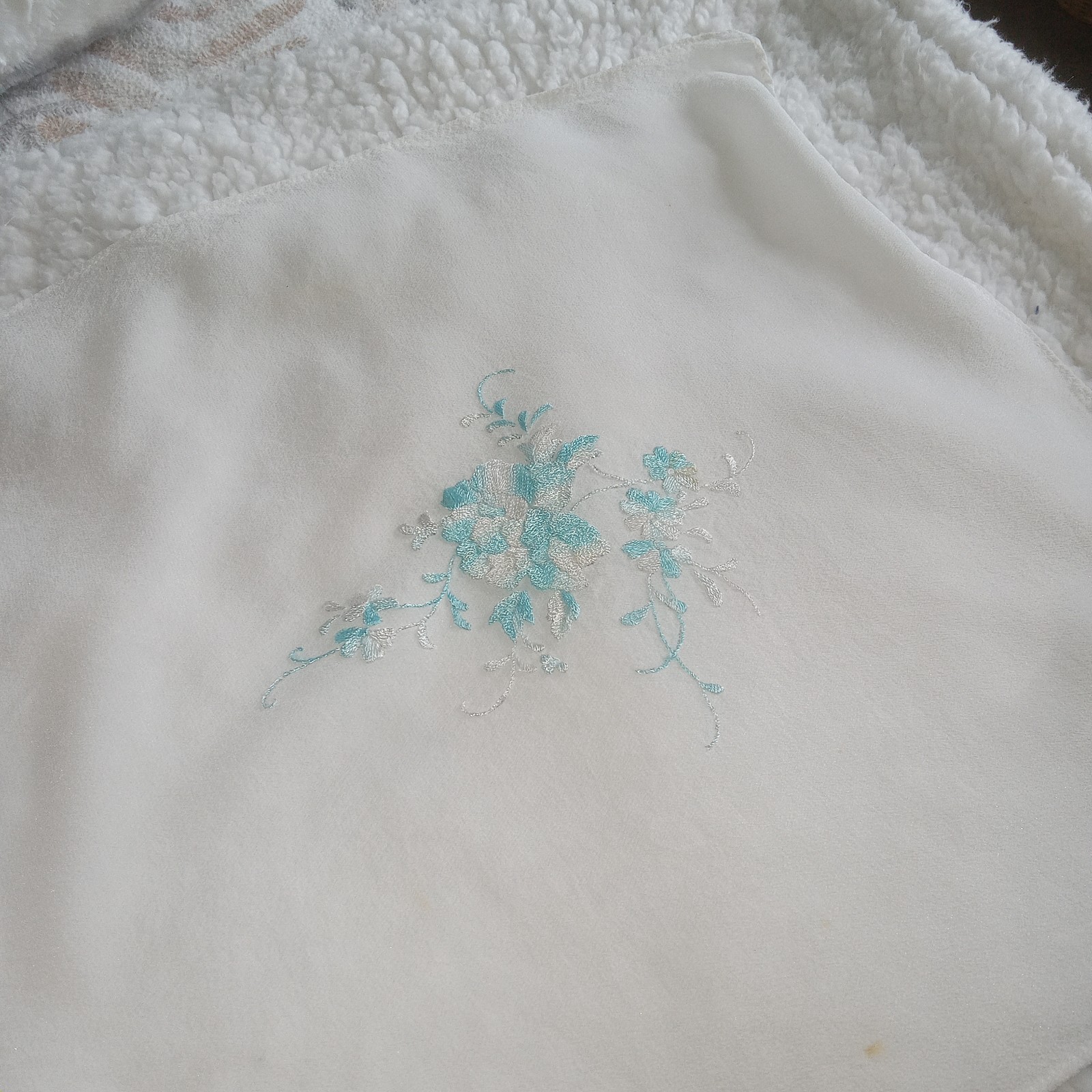 Vintage 100% Silk Embroidered Scarf Teal & Blue On Cream 13×53″ Set Of 2 Read