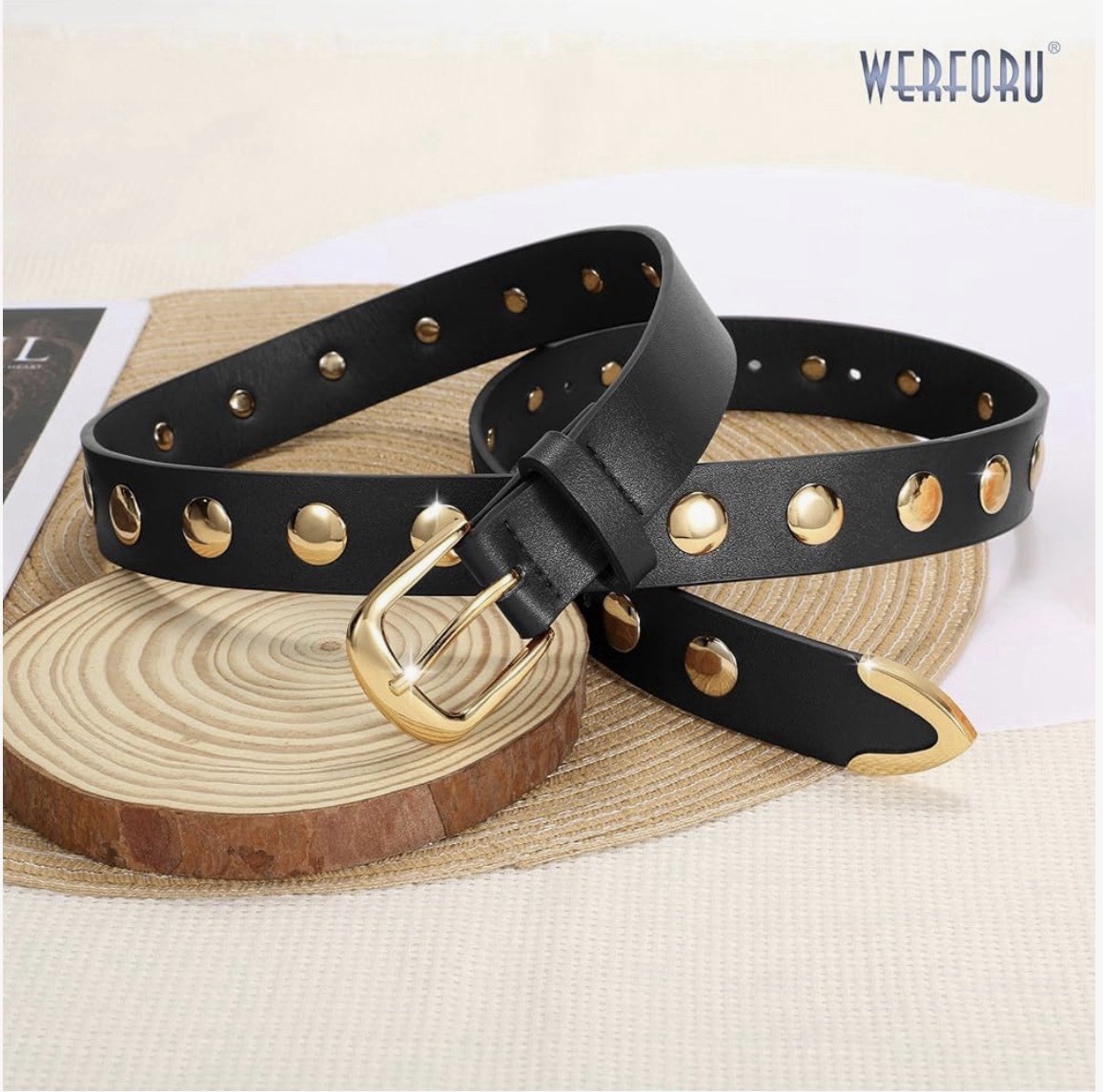 WERFORU Women Fashion Leather Belt Studded Leather Belt 37”-41” Waist | Black