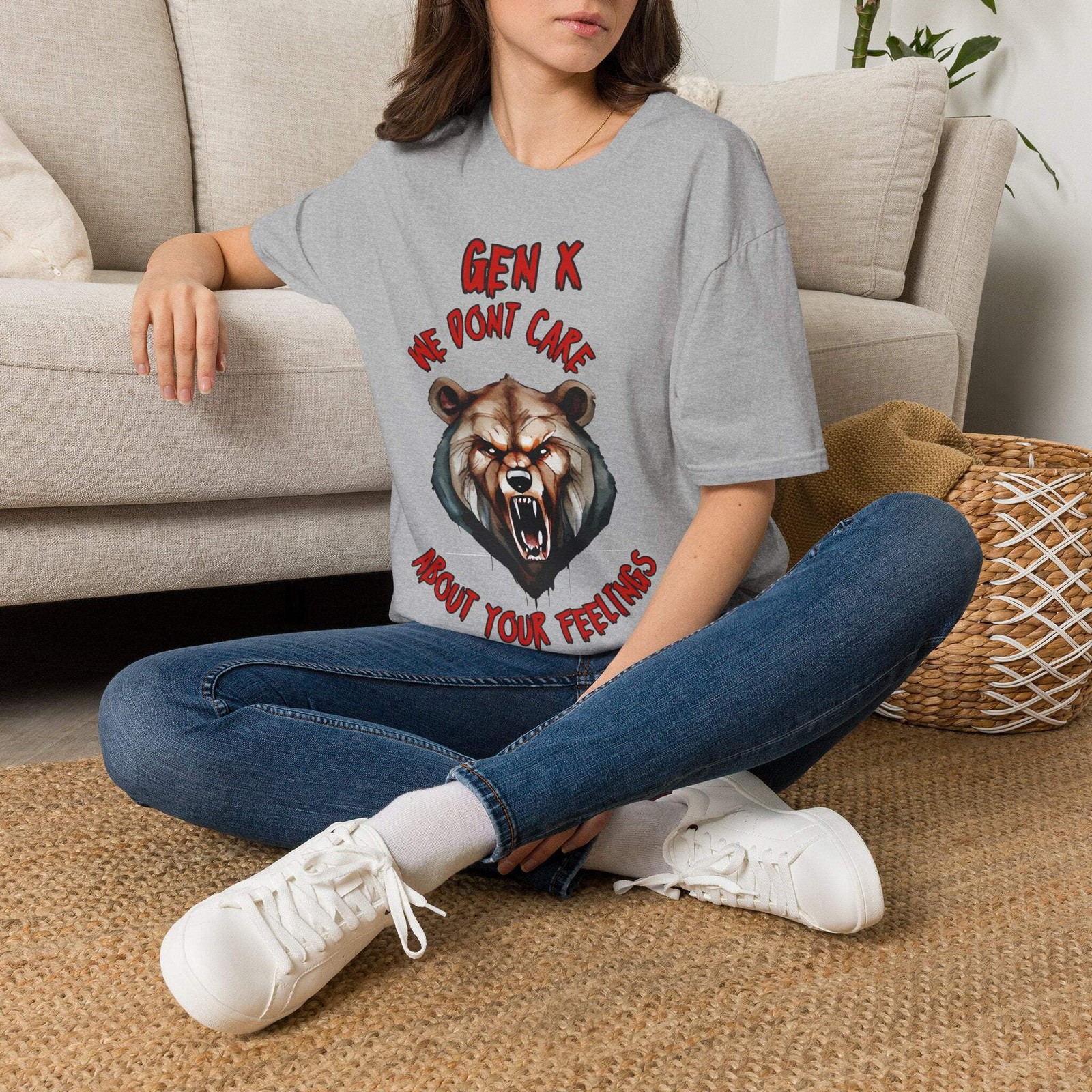 Sarcastic Gen X Dark Shirt We Dont Care About Your Feelings Bear Tee, Badass Gen
