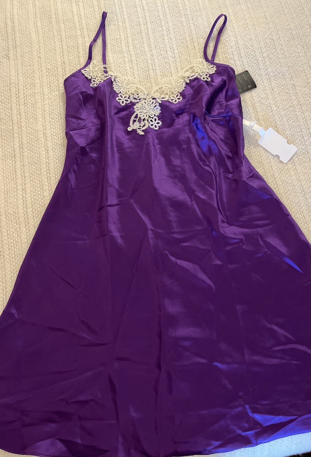 NWT SilkSilky 100% Silk Chemise Nightgown Purple Lace Trim Back Size M