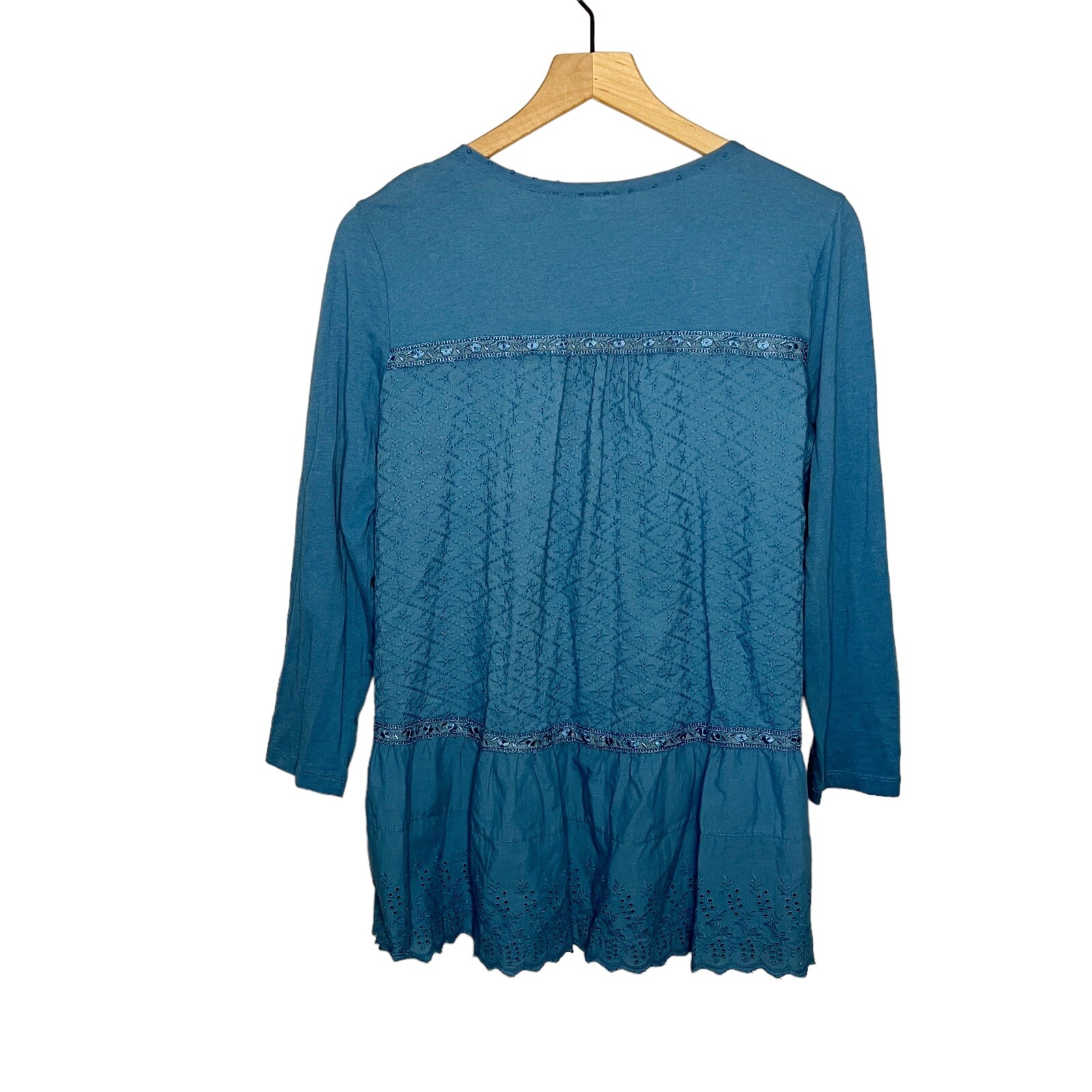 LOGO Lavish Oversized Embroidered Lace Eyelet Button Top Women’s Size Small Blue