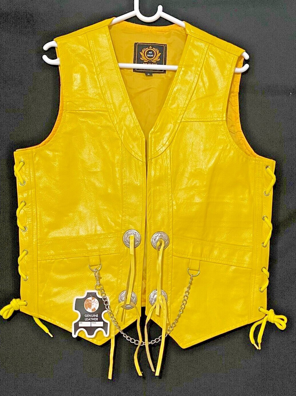 Mens YELLOW Orignal COW LEATHER Vest Chain Concho Motorcycle Biker Waistcoat NEW